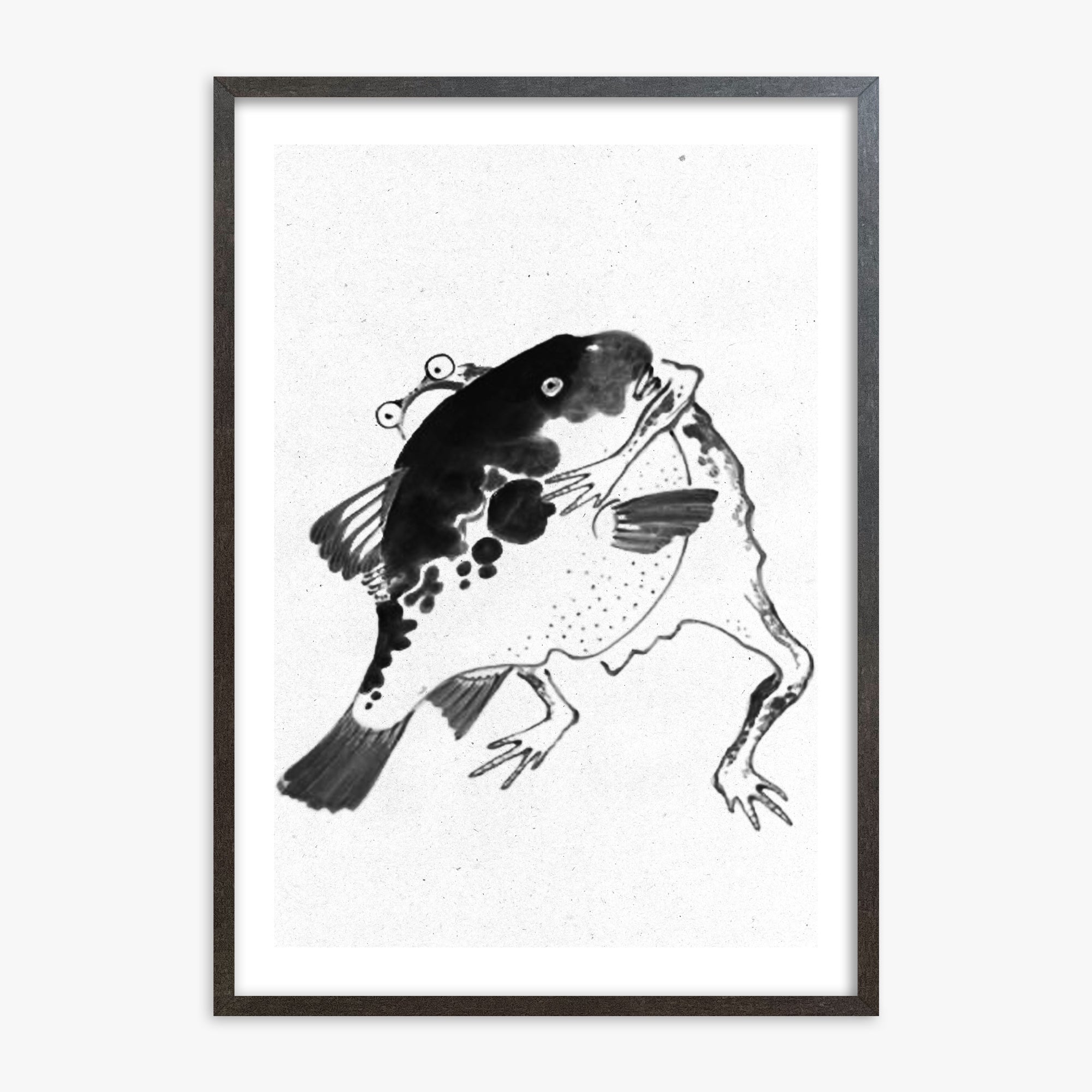 Itō Jakuchū: Toad and puffer fish sumo wrestlers - Monochrome-Style, 70x100cm Framed Art Reproduction With Espresso Frame