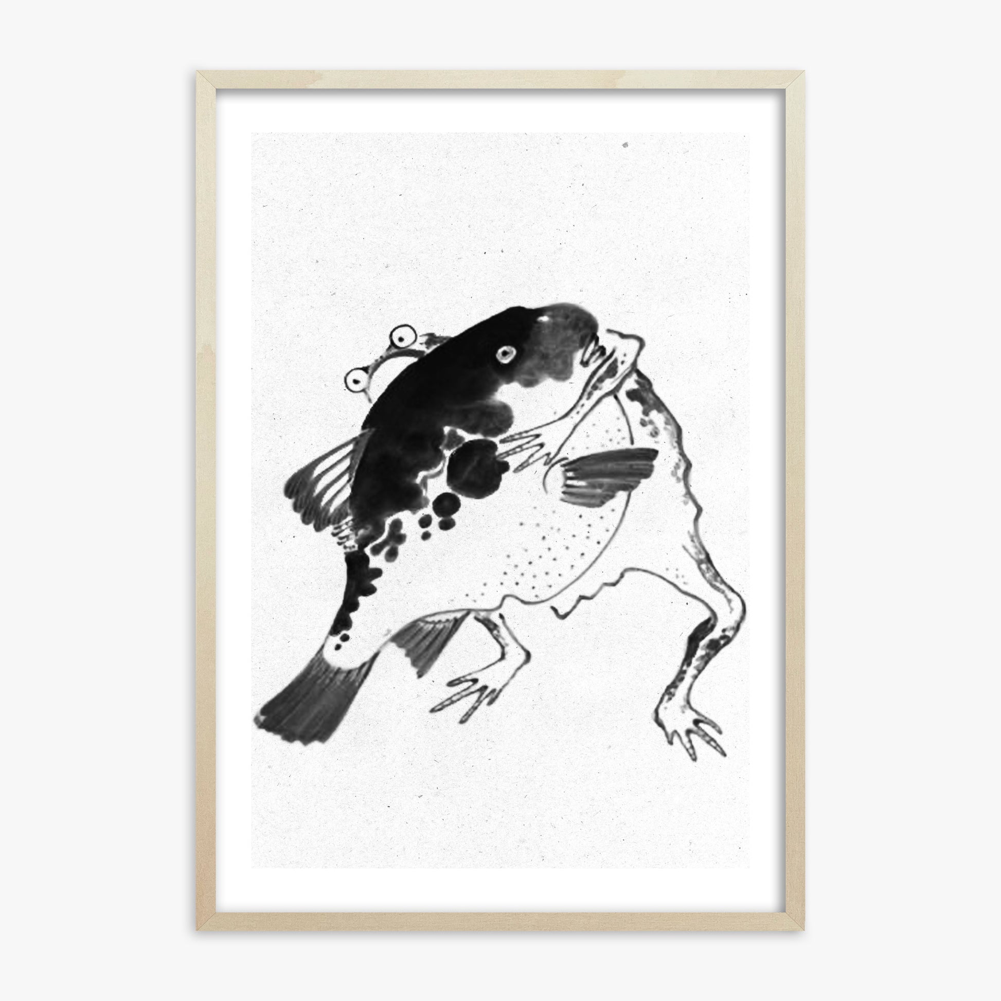 Itō Jakuchū: Toad and puffer fish sumo wrestlers - Monochrome-Style, 70x100cm Framed Art Reproduction With Lime Wood Frame