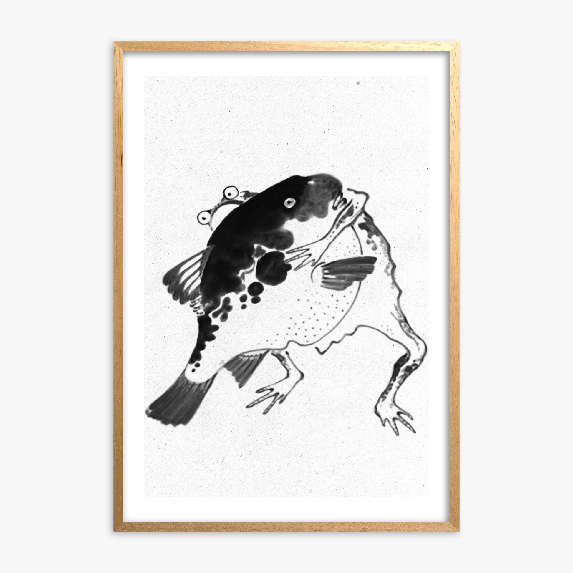 Itō Jakuchū: Toad and puffer fish sumo wrestlers - Monochrome-Style 50x70 cm Art Reproduction With Oak Frame