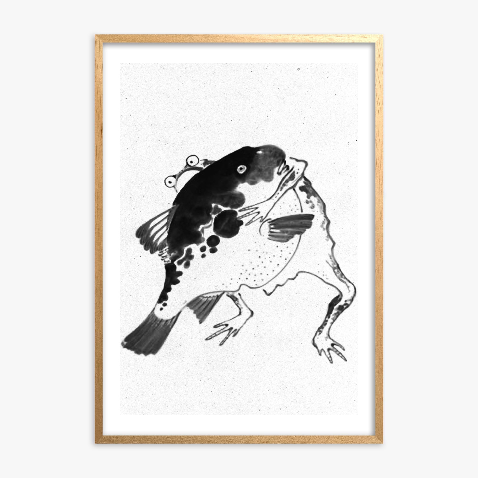 Itō Jakuchū: Toad and puffer fish sumo wrestlers - Monochrome-Style 50x70 cm Art Reproduction With Oak Frame