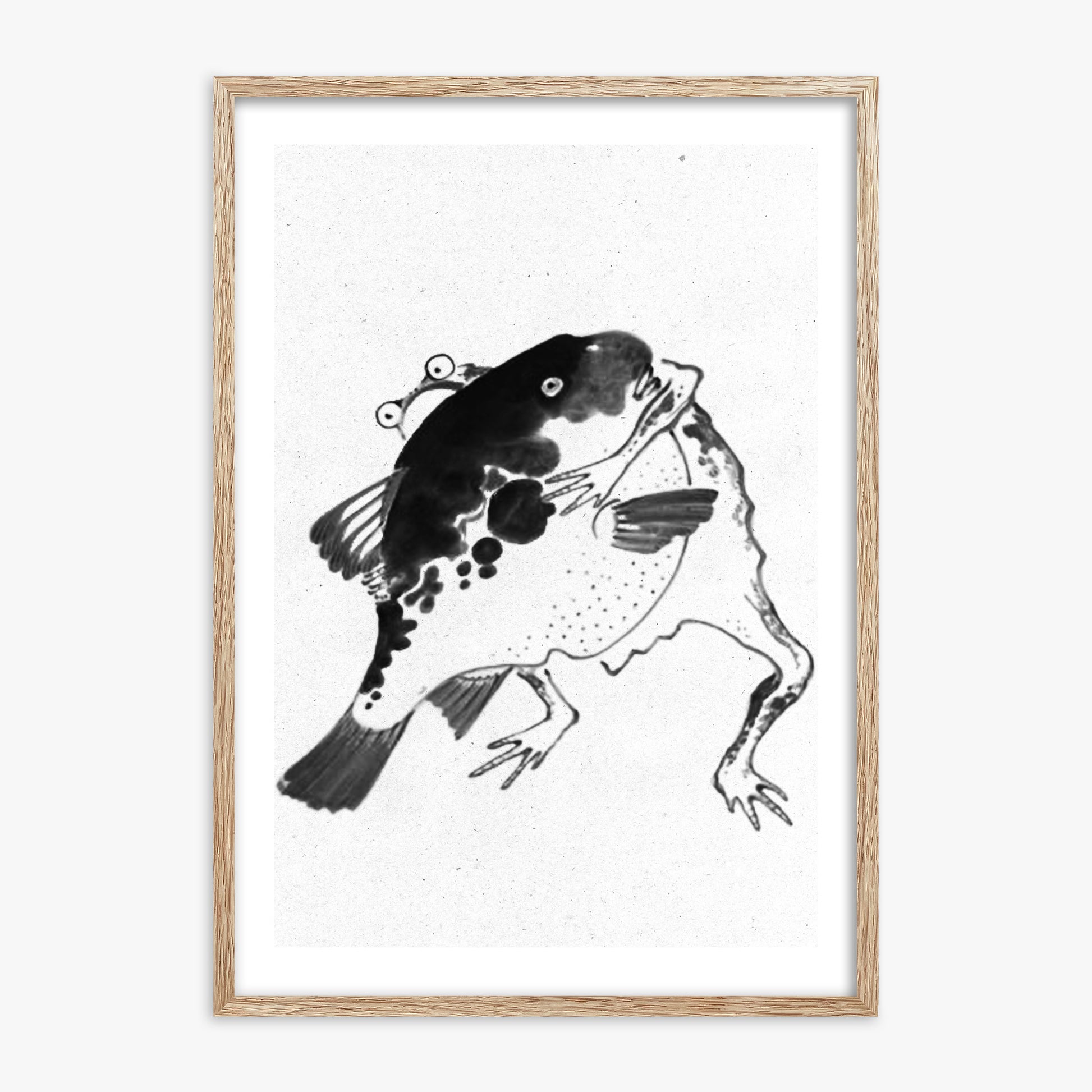 Itō Jakuchū: Toad and puffer fish sumo wrestlers - Monochrome-Style, 70x100cm Framed Art Reproduction With Raw Oak Frame