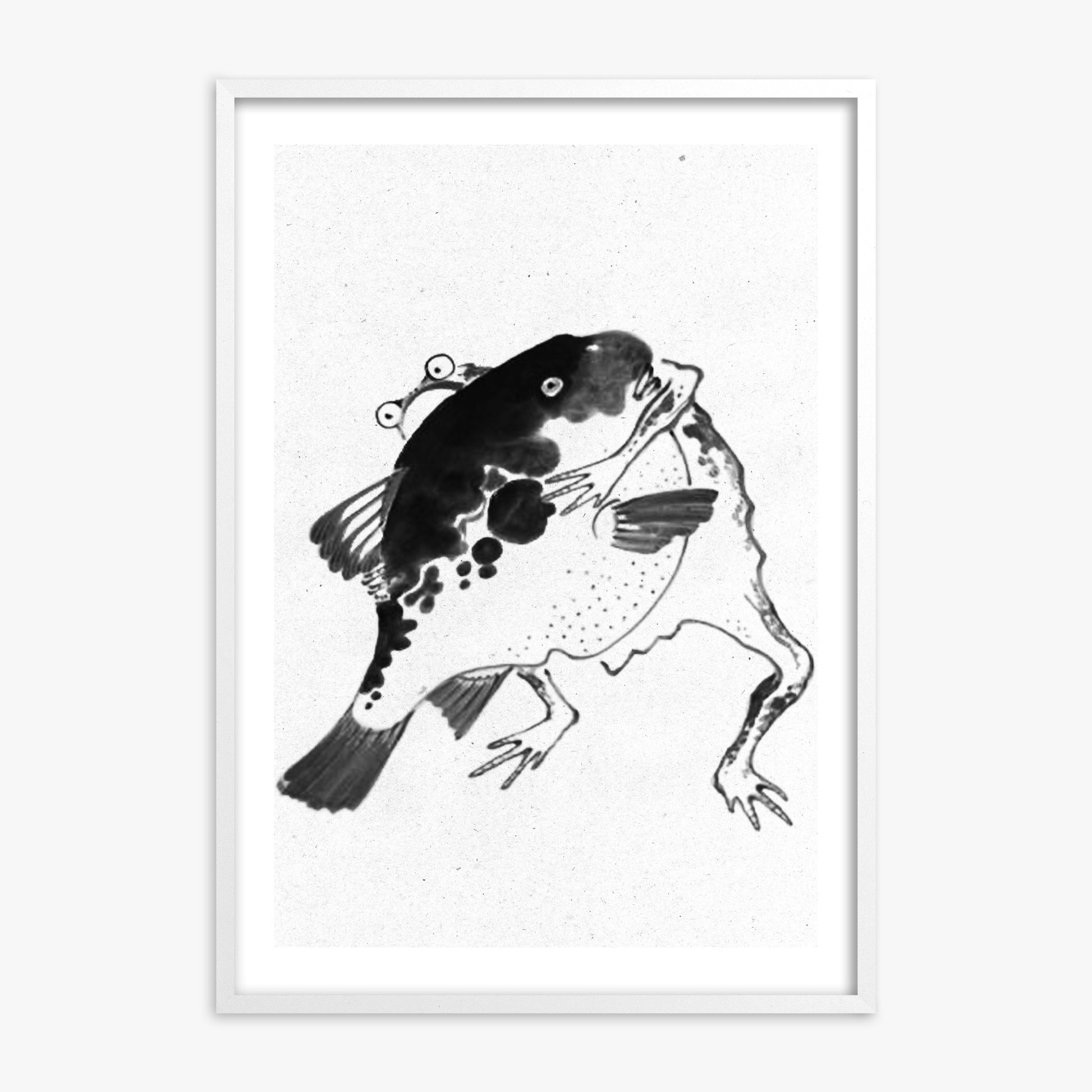 Itō Jakuchū: Toad and puffer fish sumo wrestlers - Monochrome-Style 50x70 cm Art Reproduction With White Frame