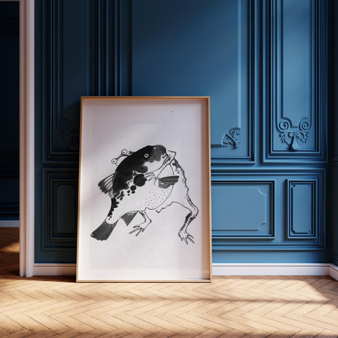 Itō Jakuchū: Toad and puffer fish sumo wrestlers - Monochrome-Style 50x70 cm Art Reproduction With Black Frame