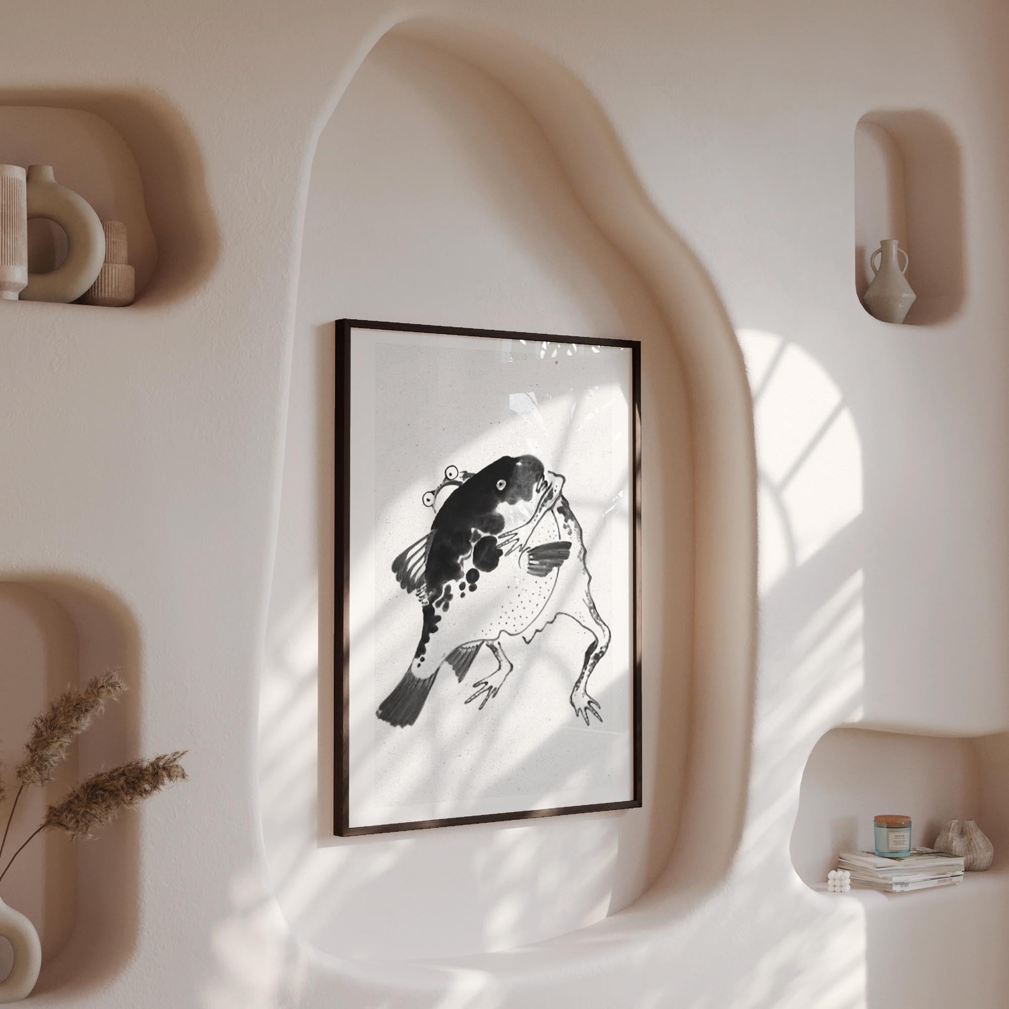 Design concept No. 13 for Itō Jakuchū: Toad and puffer fish sumo wrestlers - Monochrome-Style Japanese Wall Art