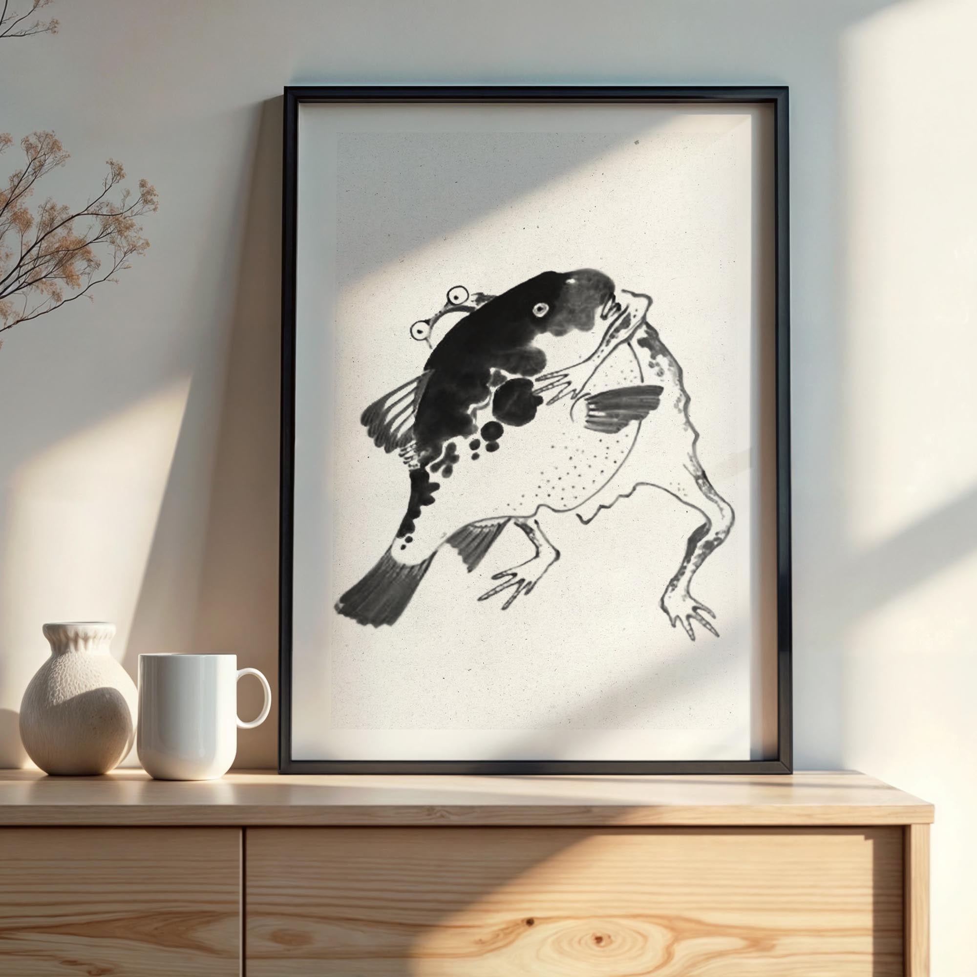 Design concept No. 22 for Itō Jakuchū: Toad and puffer fish sumo wrestlers - Monochrome-Style Japanese Wall Art