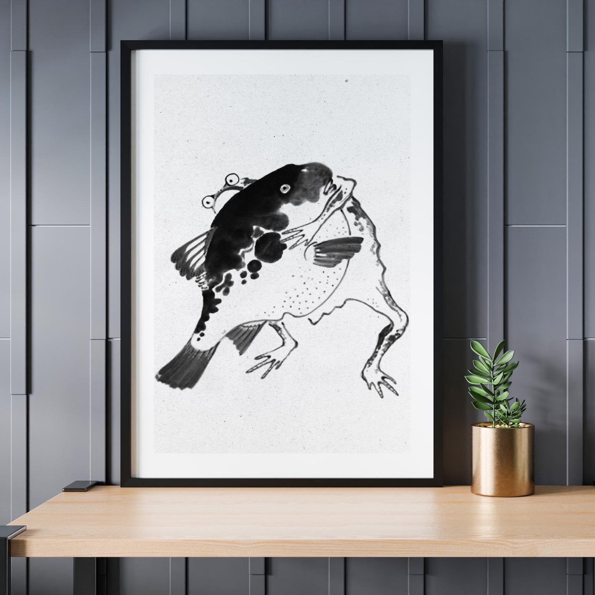 Design concept No. 24 for Itō Jakuchū: Toad and puffer fish sumo wrestlers - Monochrome-Style Japanese Wall Art