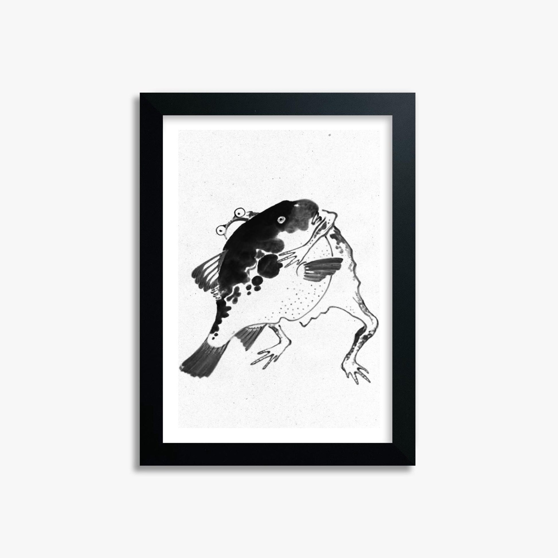 Itō Jakuchū: Toad and puffer fish sumo wrestlers - Monochrome-Style 21x30 cm Art Reproduction With Black Frame