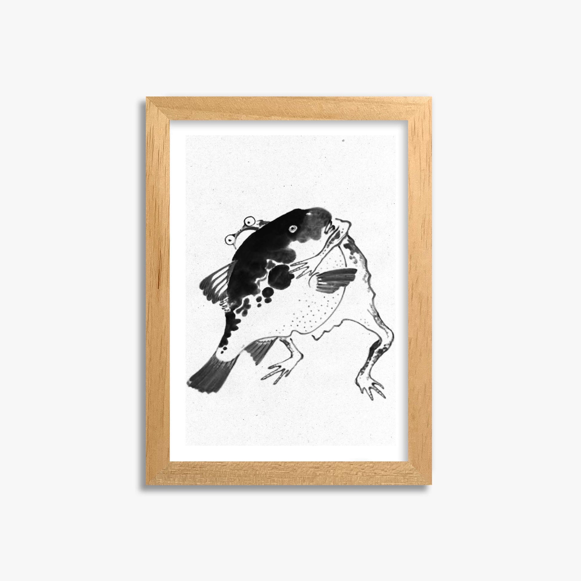 Itō Jakuchū: Toad and puffer fish sumo wrestlers - Monochrome-Style 21x30 cm Art Reproduction With Oak Frame