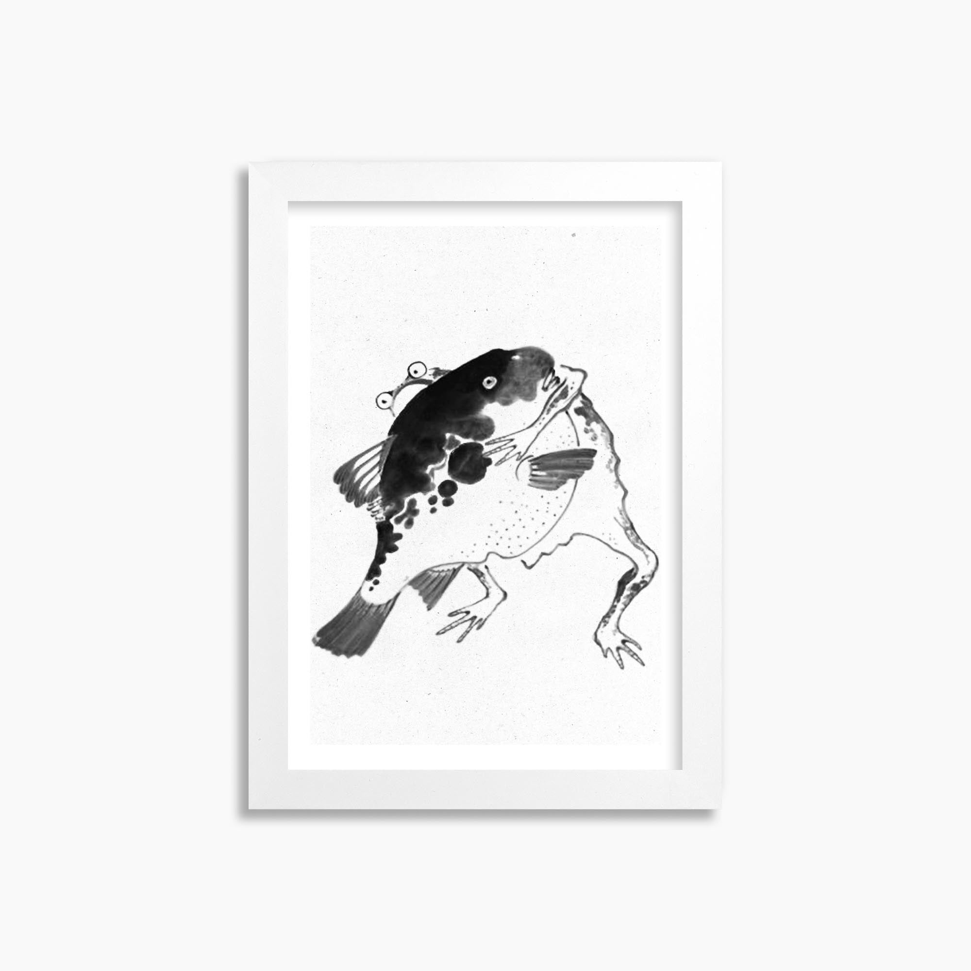 Itō Jakuchū: Toad and puffer fish sumo wrestlers - Monochrome-Style 21x30 cm Art Reproduction With White Frame