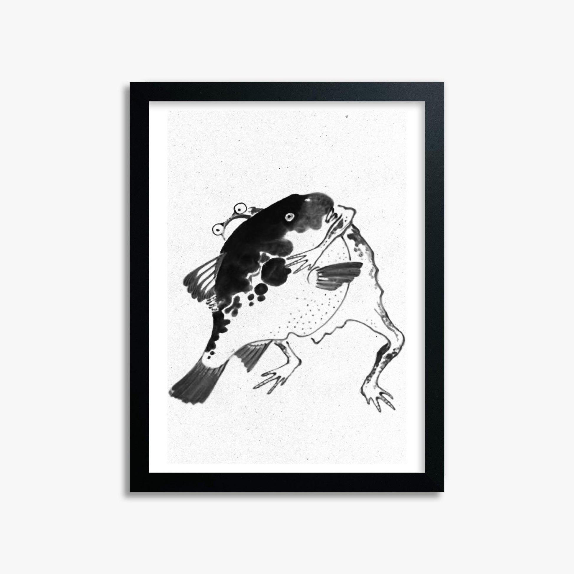 Itō Jakuchū: Toad and puffer fish sumo wrestlers - Monochrome-Style 30x40 cm Art Reproduction With Black Frame
