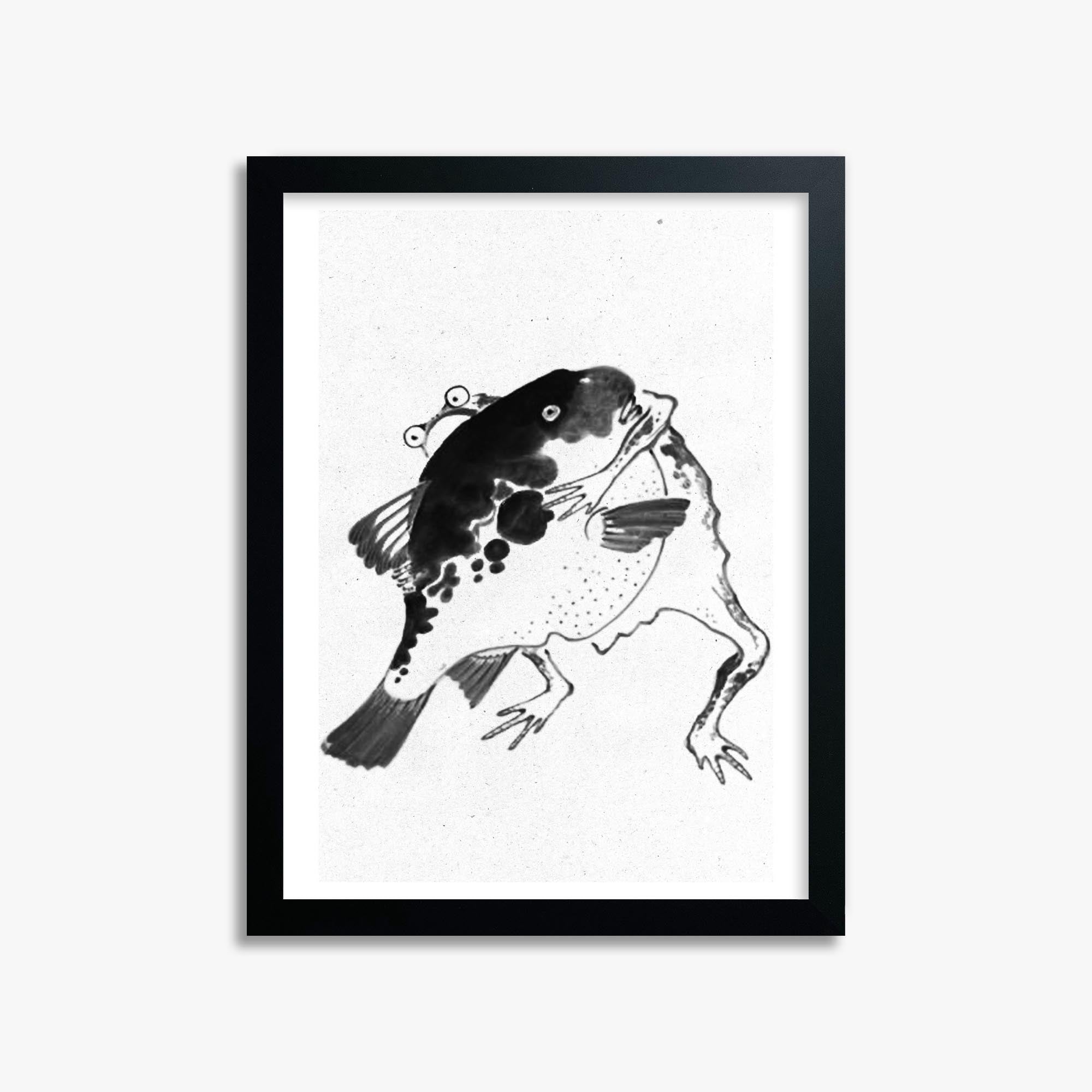 Itō Jakuchū: Toad and puffer fish sumo wrestlers - Monochrome-Style 30x40 cm Art Reproduction With Black Frame