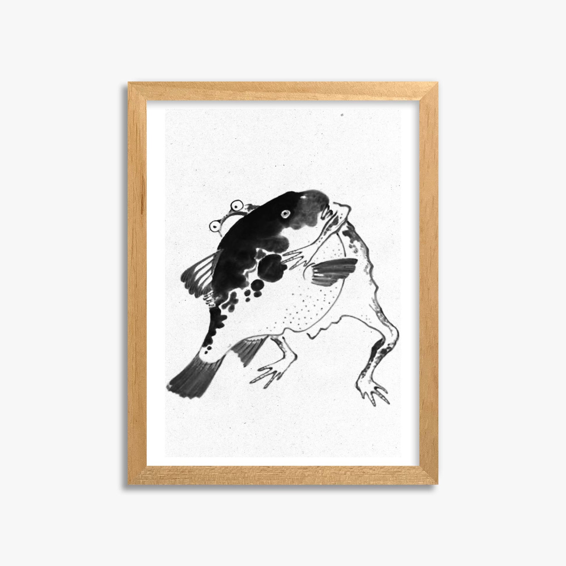 Itō Jakuchū: Toad and puffer fish sumo wrestlers - Monochrome-Style 30x40 cm Art Reproduction With Oak Frame