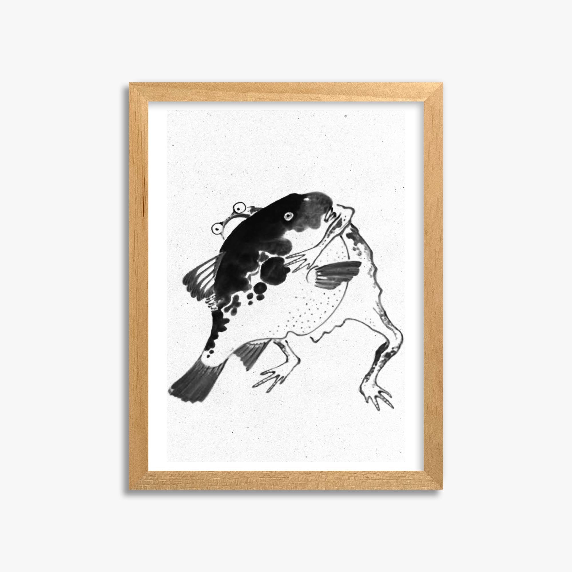 Itō Jakuchū: Toad and puffer fish sumo wrestlers - Monochrome-Style 30x40 cm Art Reproduction With Oak Frame
