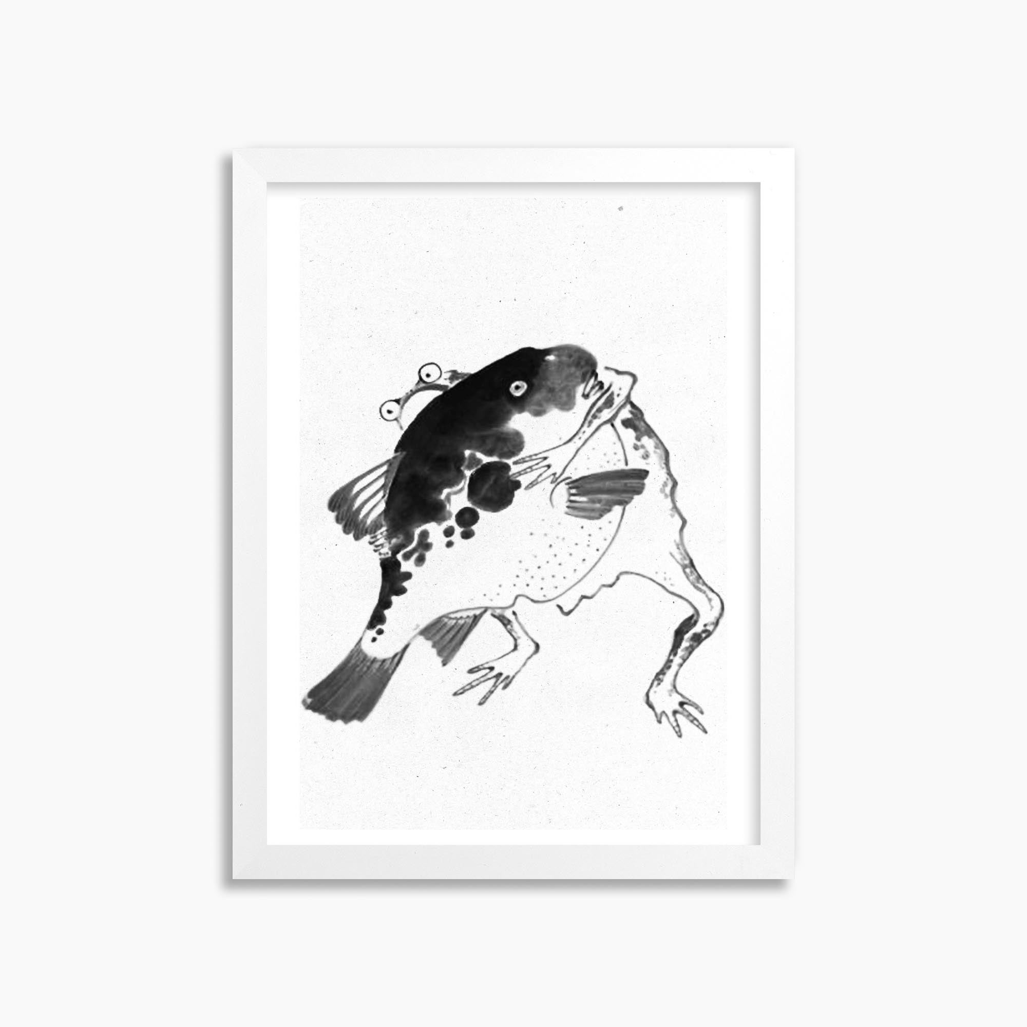 Itō Jakuchū: Toad and puffer fish sumo wrestlers - Monochrome-Style 30x40 cm Art Reproduction With White Frame