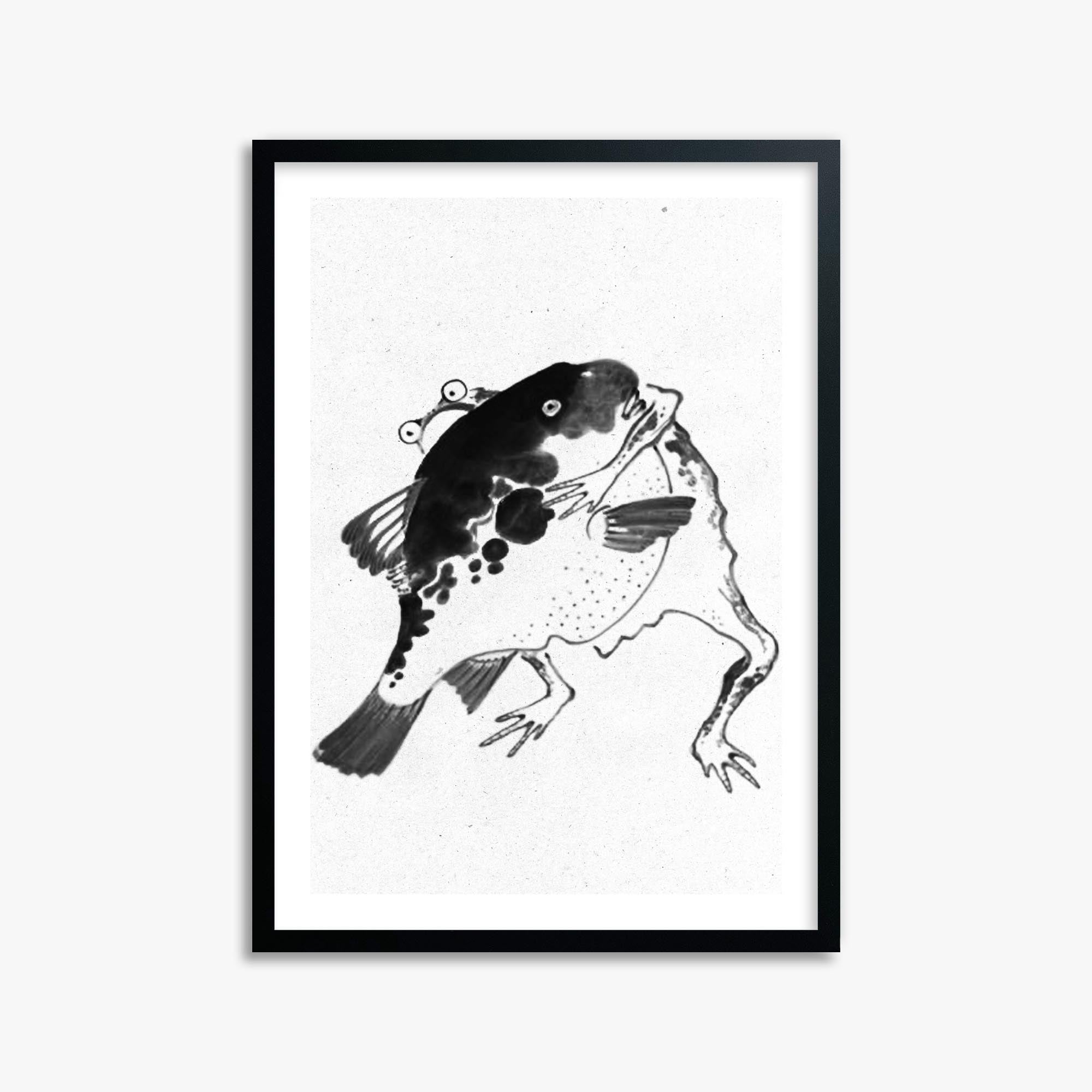 Itō Jakuchū: Toad and puffer fish sumo wrestlers - Monochrome-Style 50x70 cm Art Reproduction With Black Frame