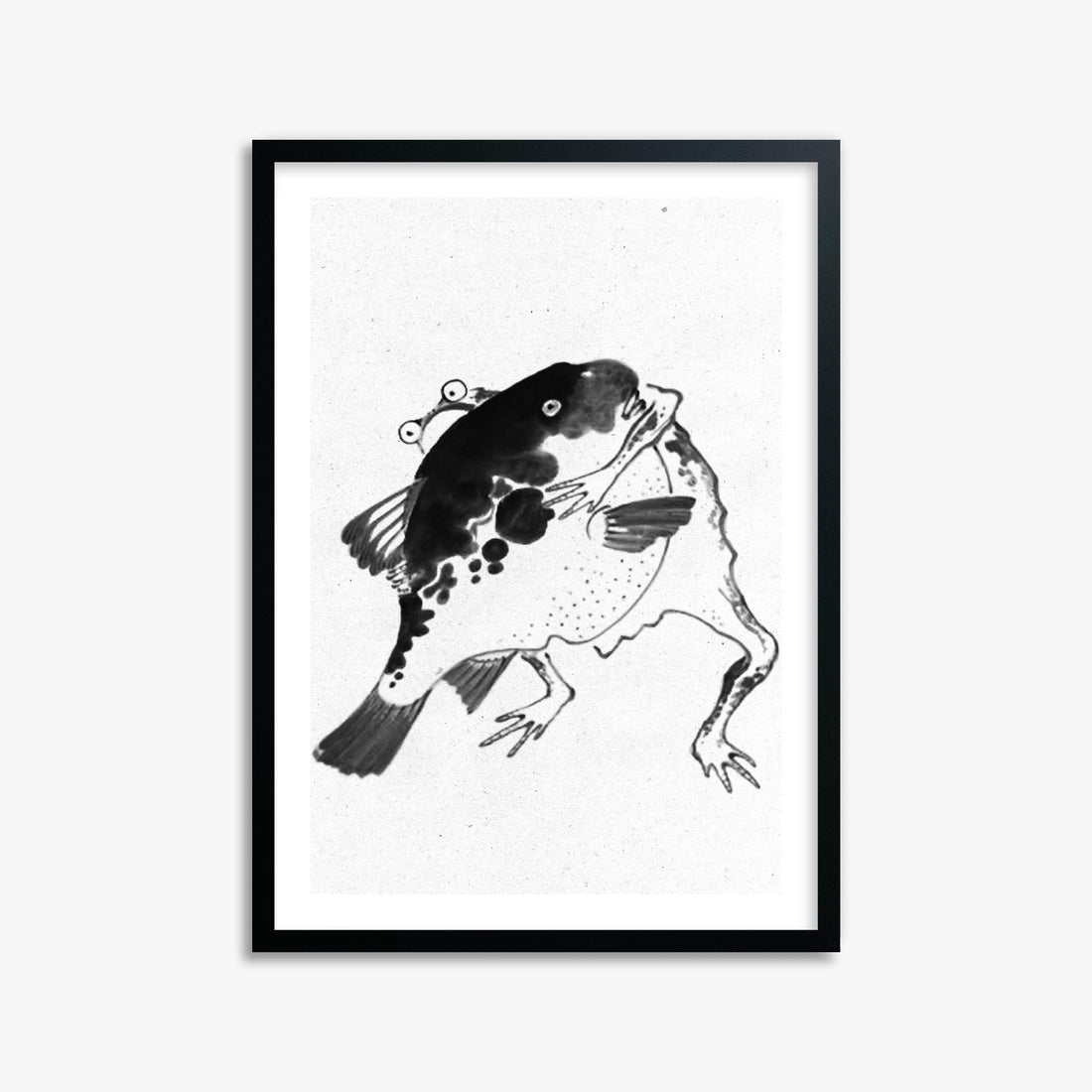 Itō Jakuchū: Toad and puffer fish sumo wrestlers - Monochrome-Style 50x70 cm Art Reproduction With Black Frame
