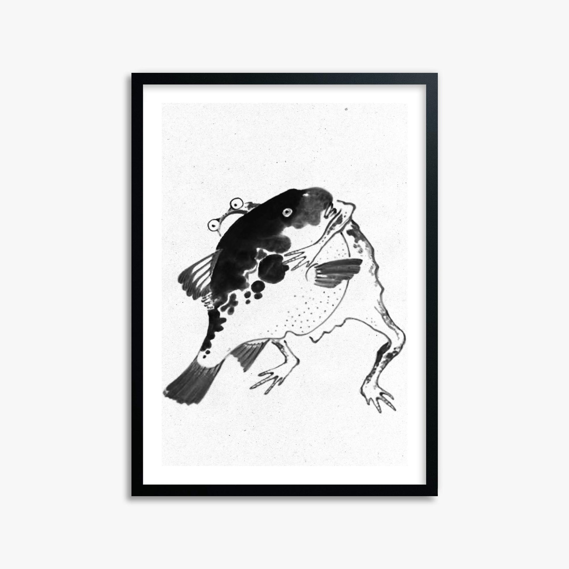 Itō Jakuchū: Toad and puffer fish sumo wrestlers - Monochrome-Style 50x70 cm Art Reproduction With Black Frame