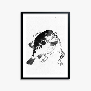 Itō Jakuchū: Toad and puffer fish sumo wrestlers - Monochrome-Style 50x70 cm Art Reproduction With Black Frame