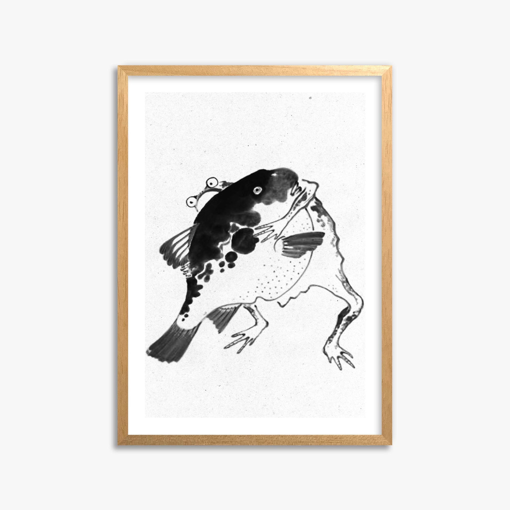 Itō Jakuchū: Toad and puffer fish sumo wrestlers - Monochrome-Style 50x70 cm Art Reproduction With Oak Frame