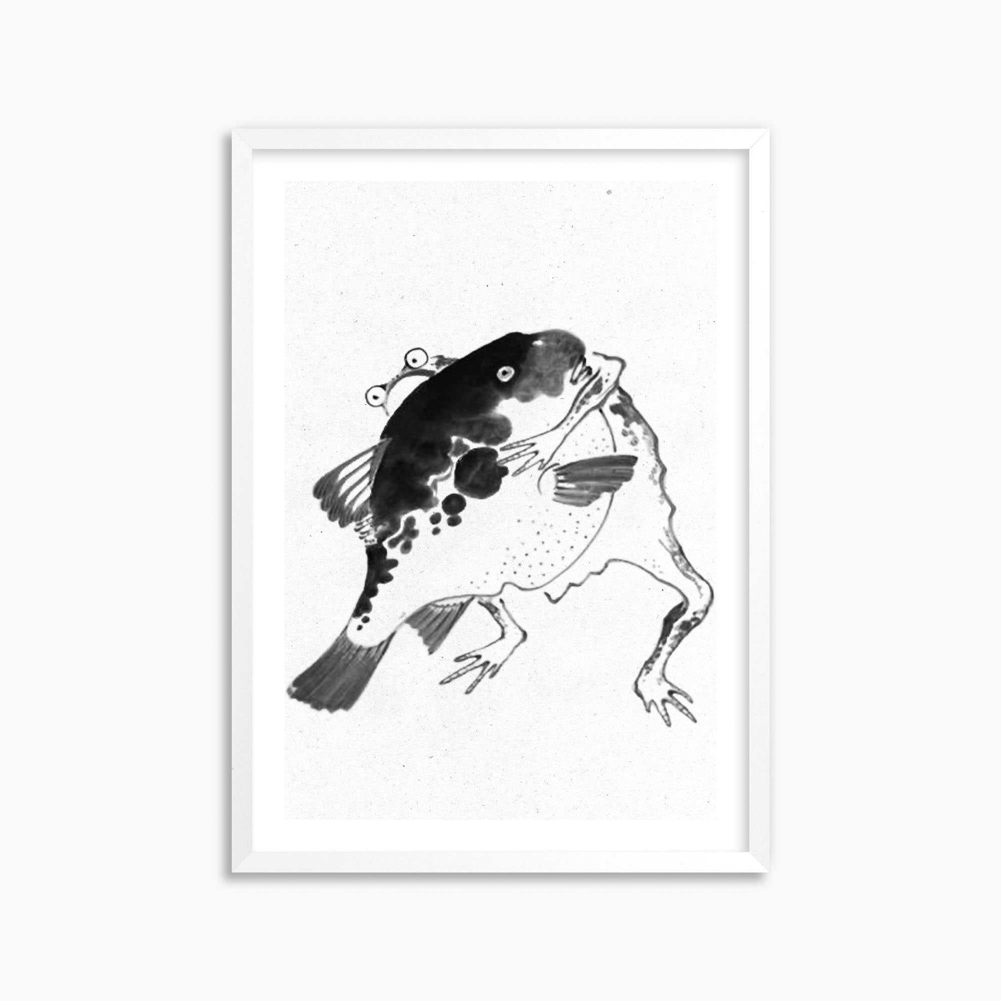 Itō Jakuchū: Toad and puffer fish sumo wrestlers - Monochrome-Style 50x70 cm Art Reproduction With White Frame
