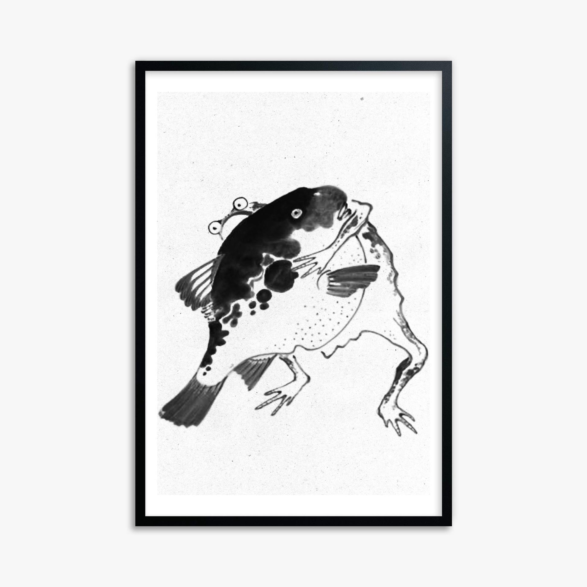 Itō Jakuchū: Toad and puffer fish sumo wrestlers - Monochrome-Style 61x91 cm Art Reproduction With Black Frame