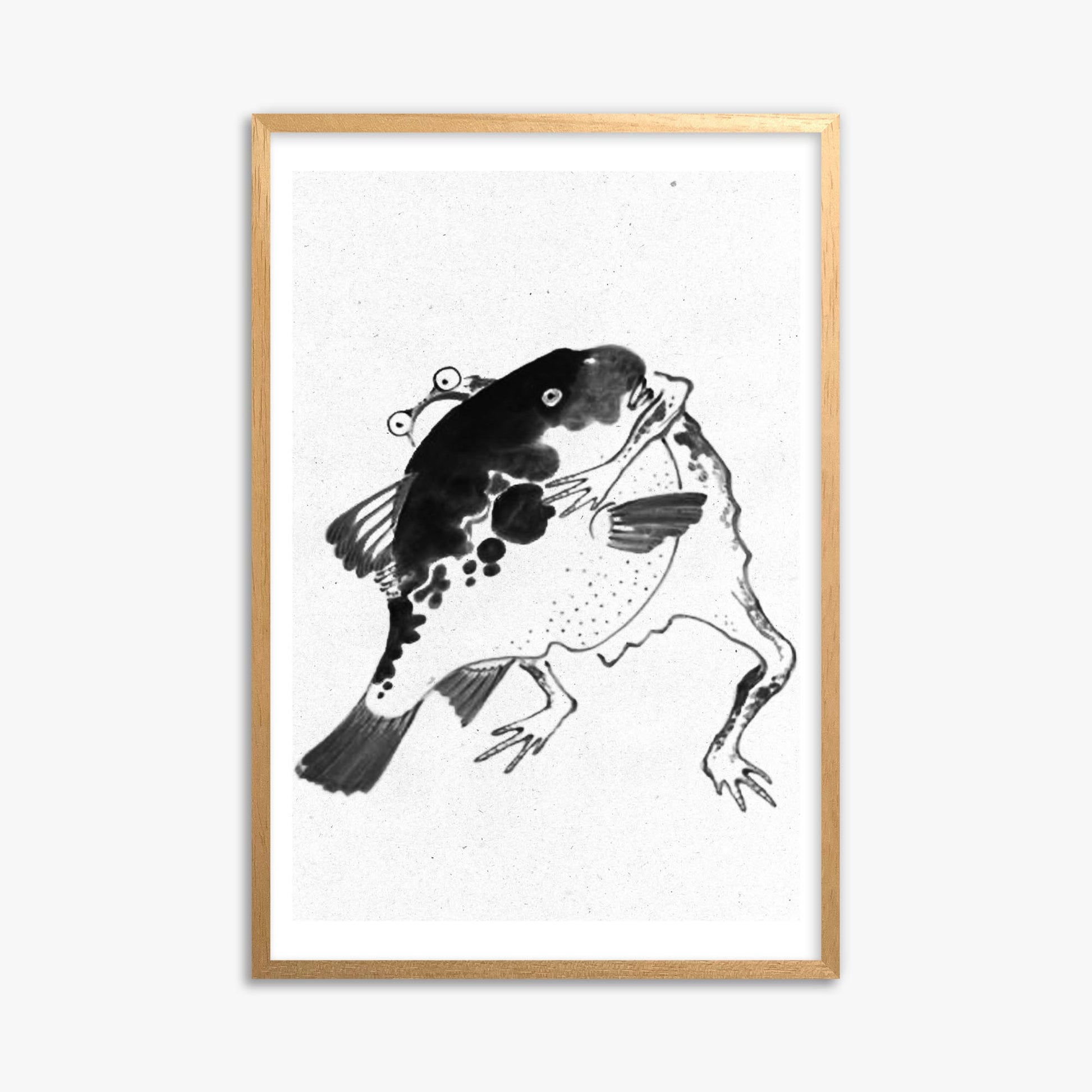 Itō Jakuchū: Toad and puffer fish sumo wrestlers - Monochrome-Style 61x91 cm Art Reproduction With Oak Frame
