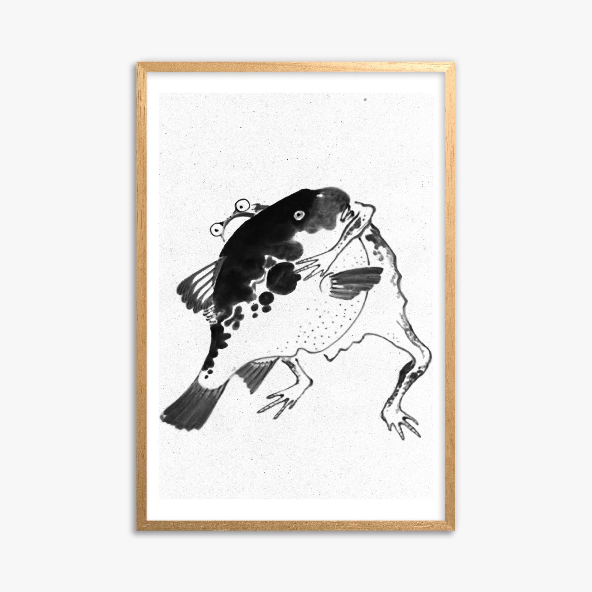Itō Jakuchū: Toad and puffer fish sumo wrestlers - Monochrome-Style 61x91 cm Art Reproduction With Oak Frame