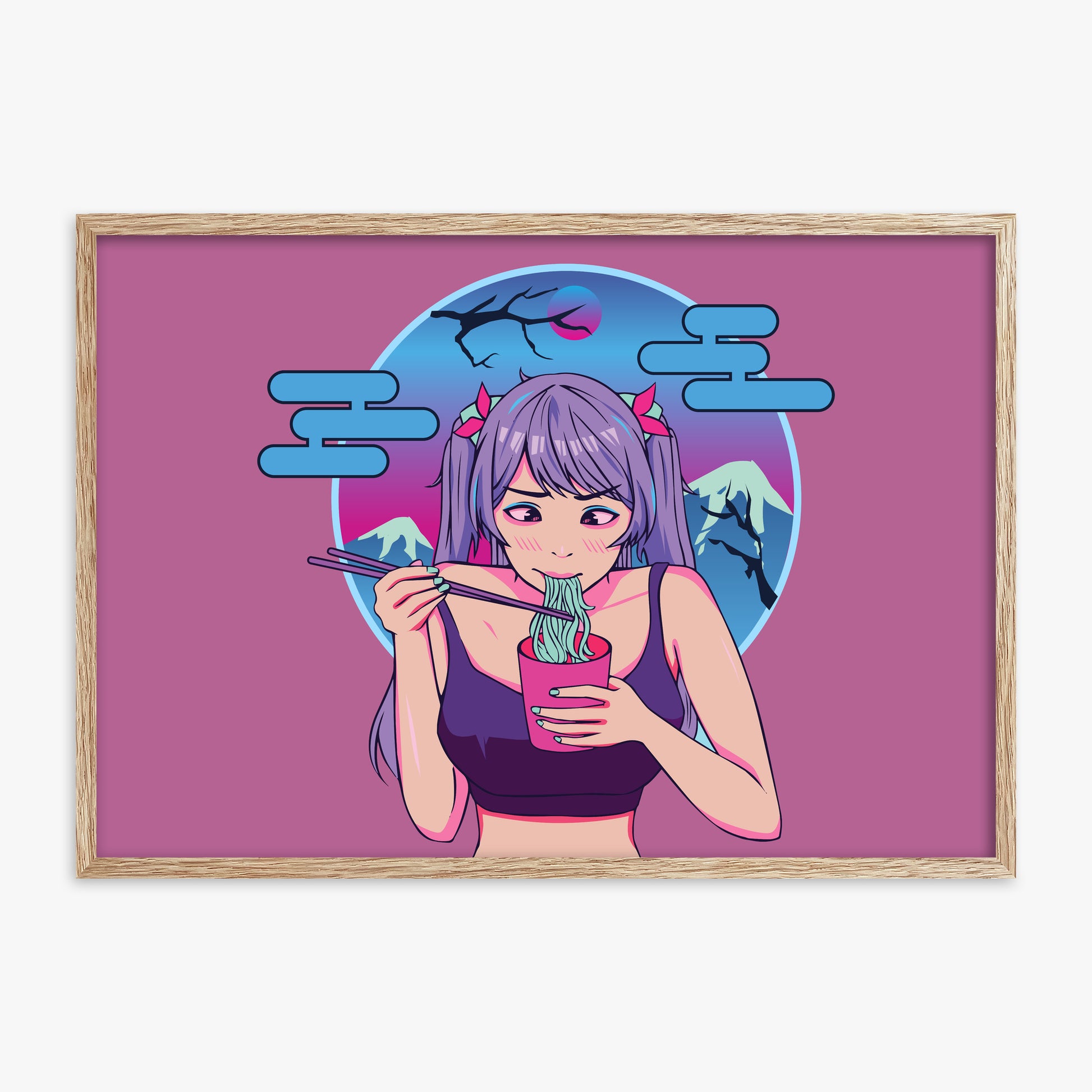 Midnight Ramen Dreams, 70x100cm Framed Poster With Raw Oak Frame
