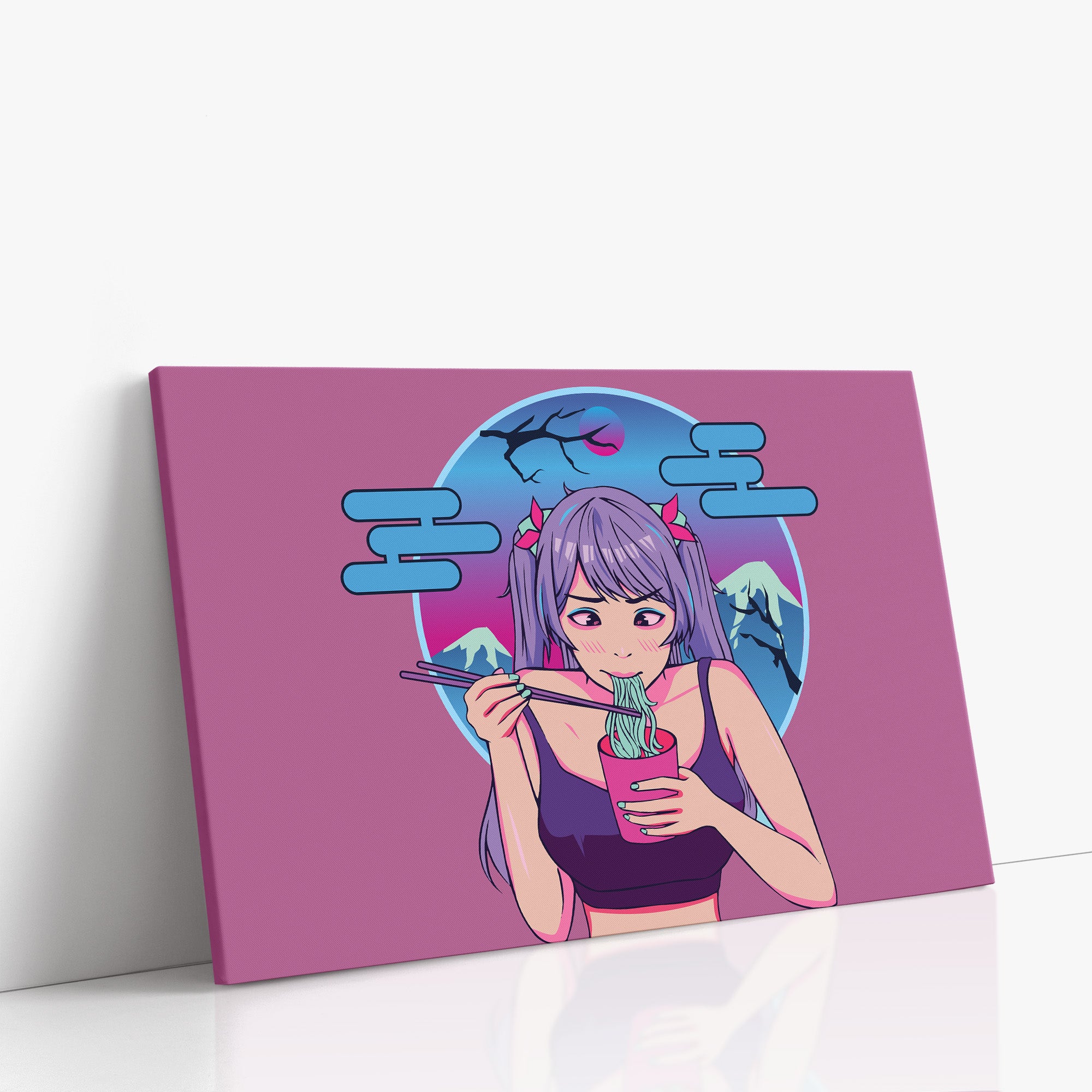Midnight Ramen Dreams, 90x60cm Satin Canvas Poster Left Angle