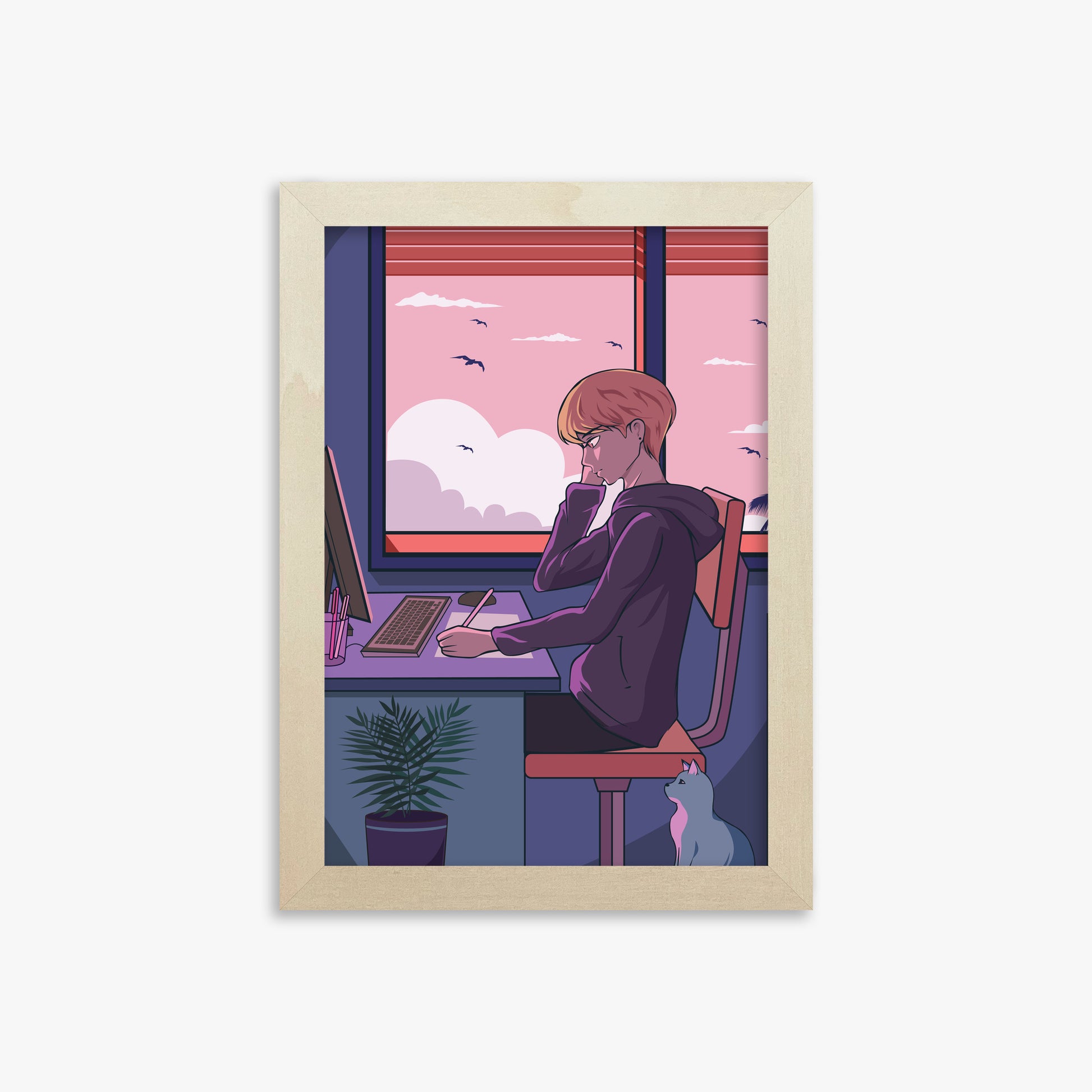 Sunset Study Session, 21x30cm Framed Art Reproduction With Lime Wood Frame