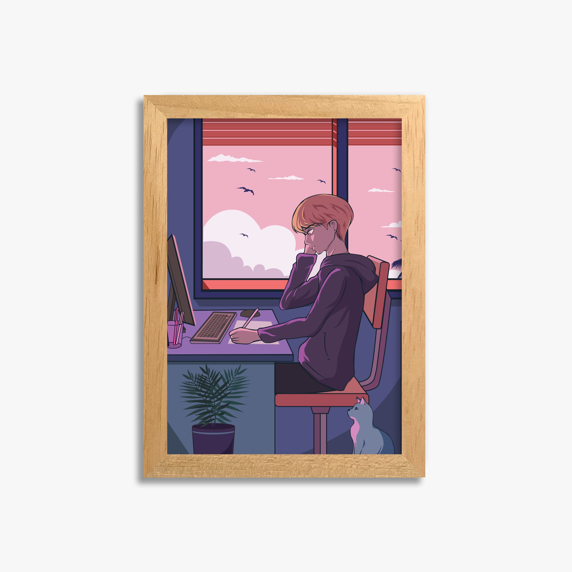 Sunset Study Session, 21x30cm Framed Poster With Oak Frame