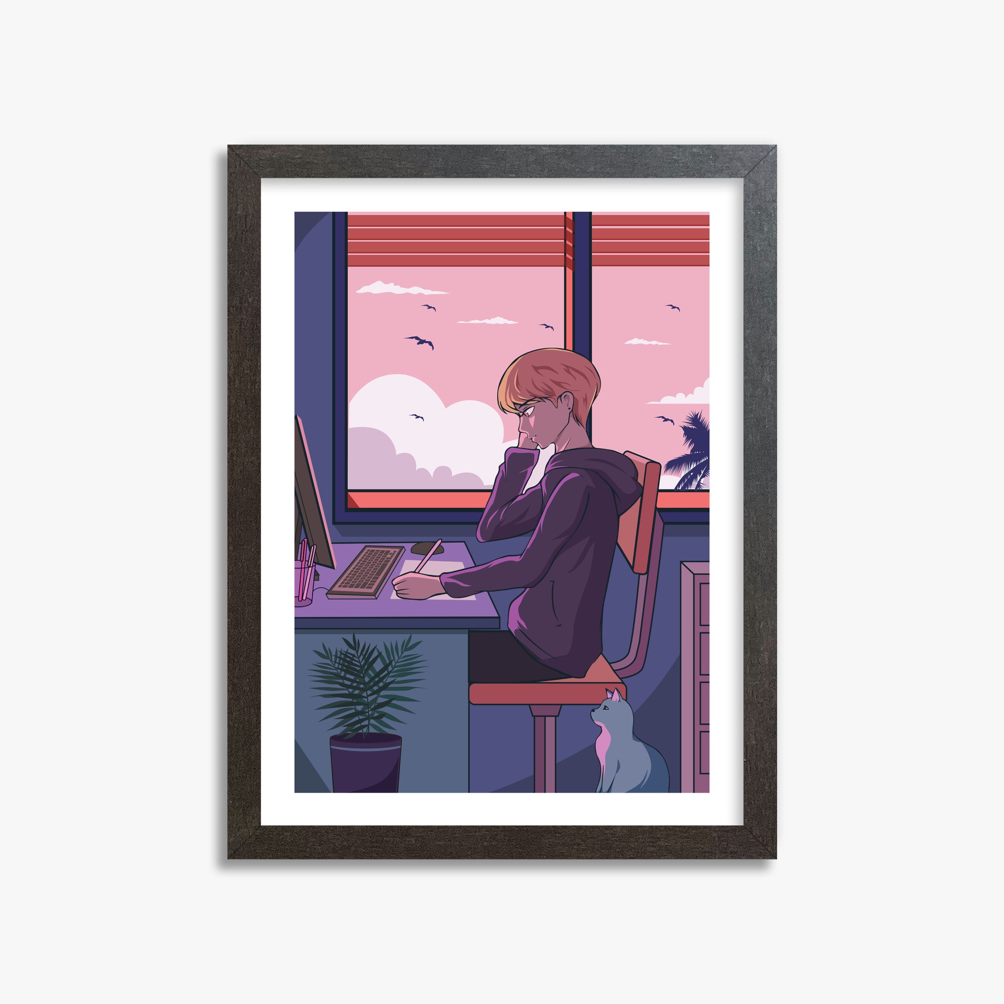 Sunset Study Session, 30x40cm Framed Art Reproduction With Espresso Frame