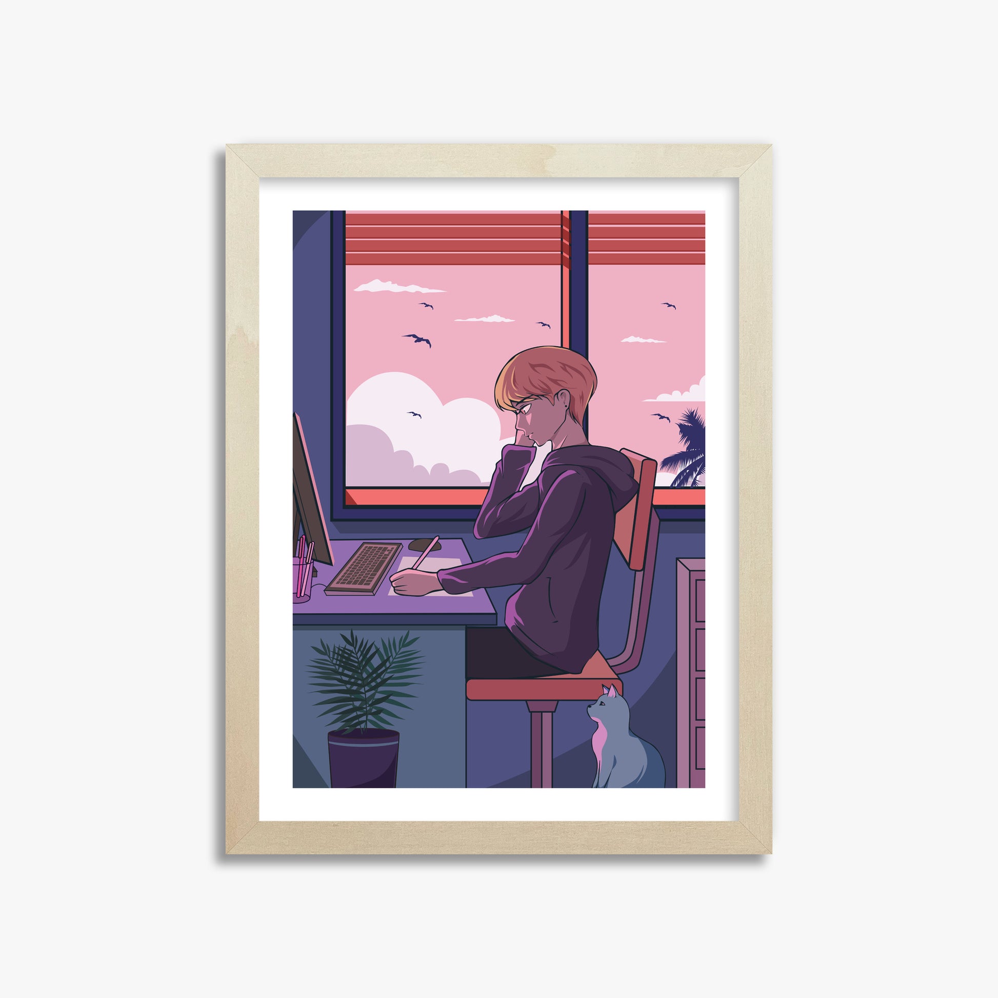 Sunset Study Session, 30x40cm Framed Art Reproduction With Lime Wood Frame
