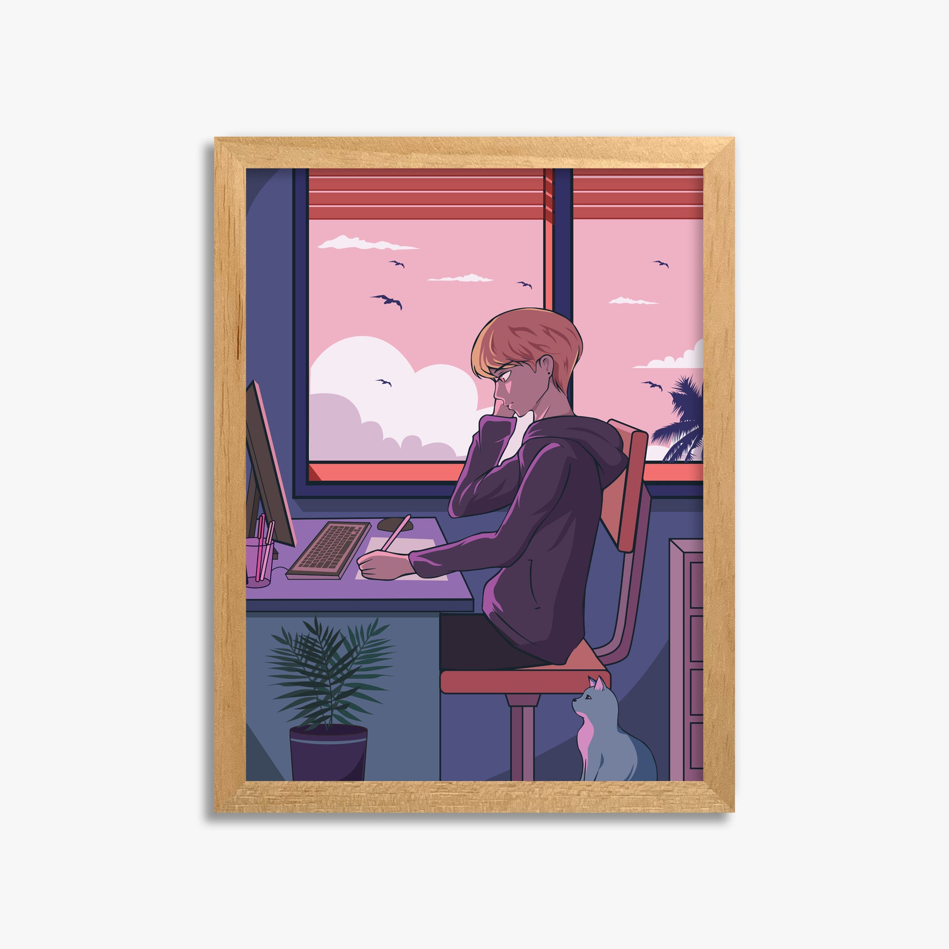 Sunset Study Session, 30x40cm Framed Poster With Oak Frame