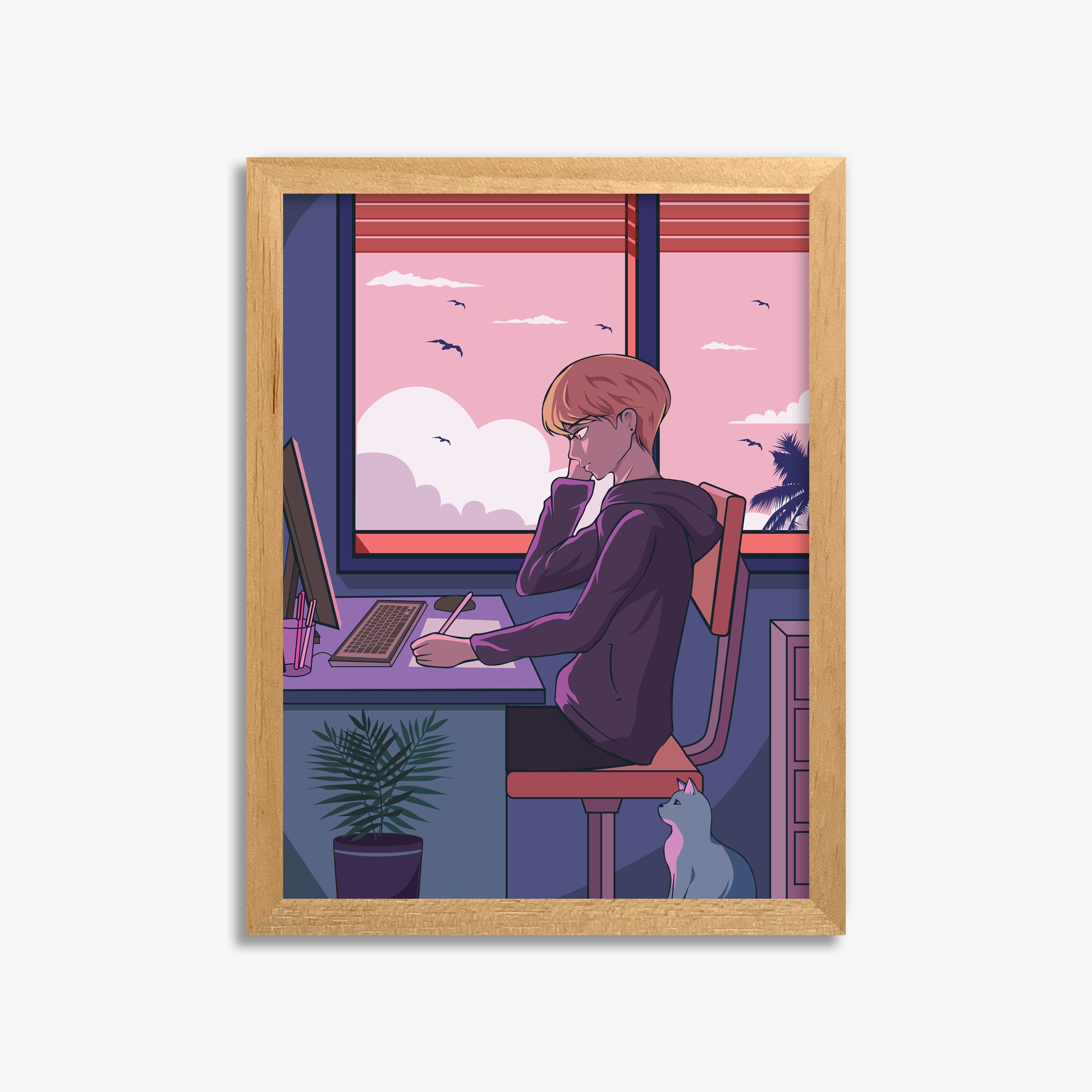 Sunset Study Session, 30x40cm Framed Poster With Oak Frame