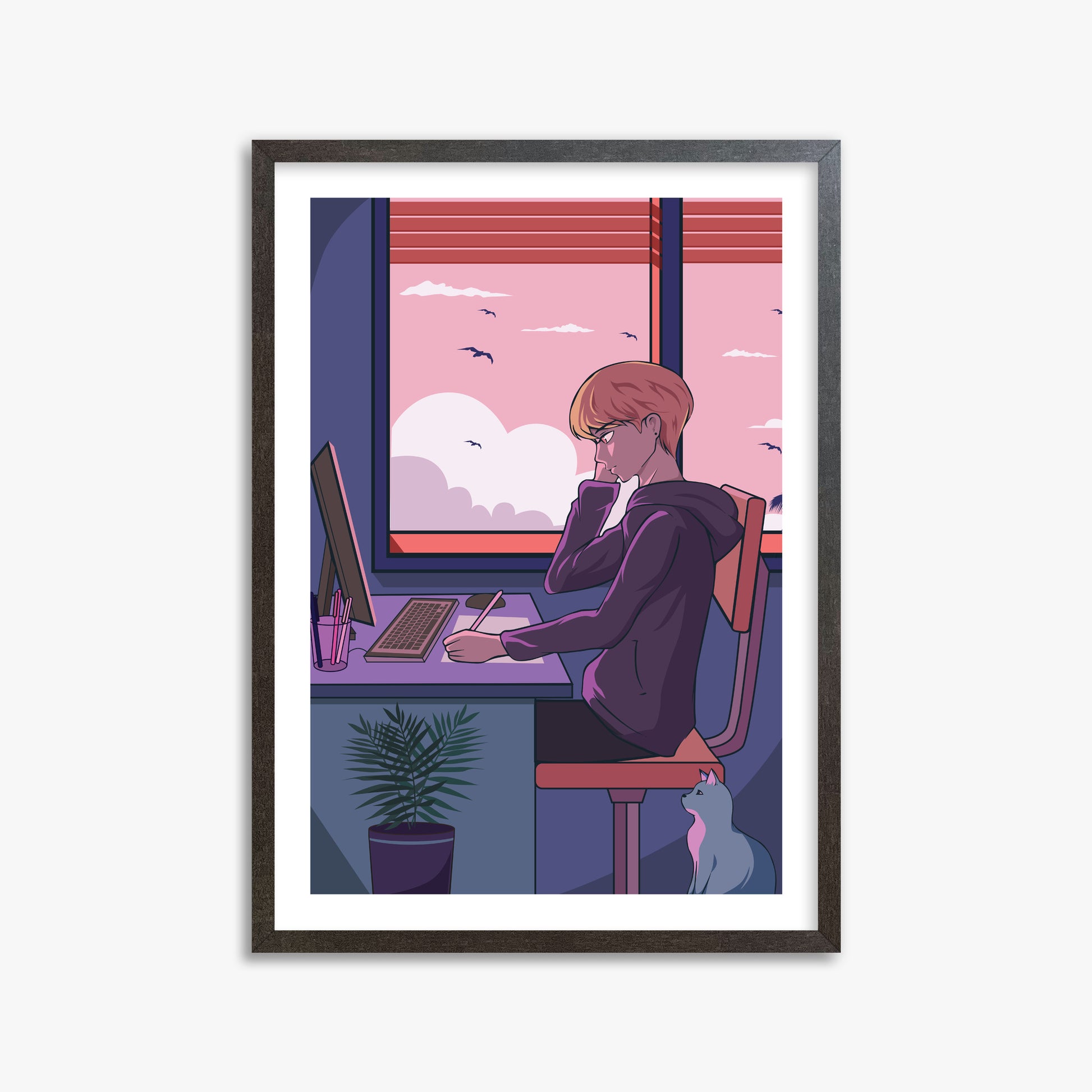 Sunset Study Session, 50x70cm Framed Art Reproduction With Espresso Frame