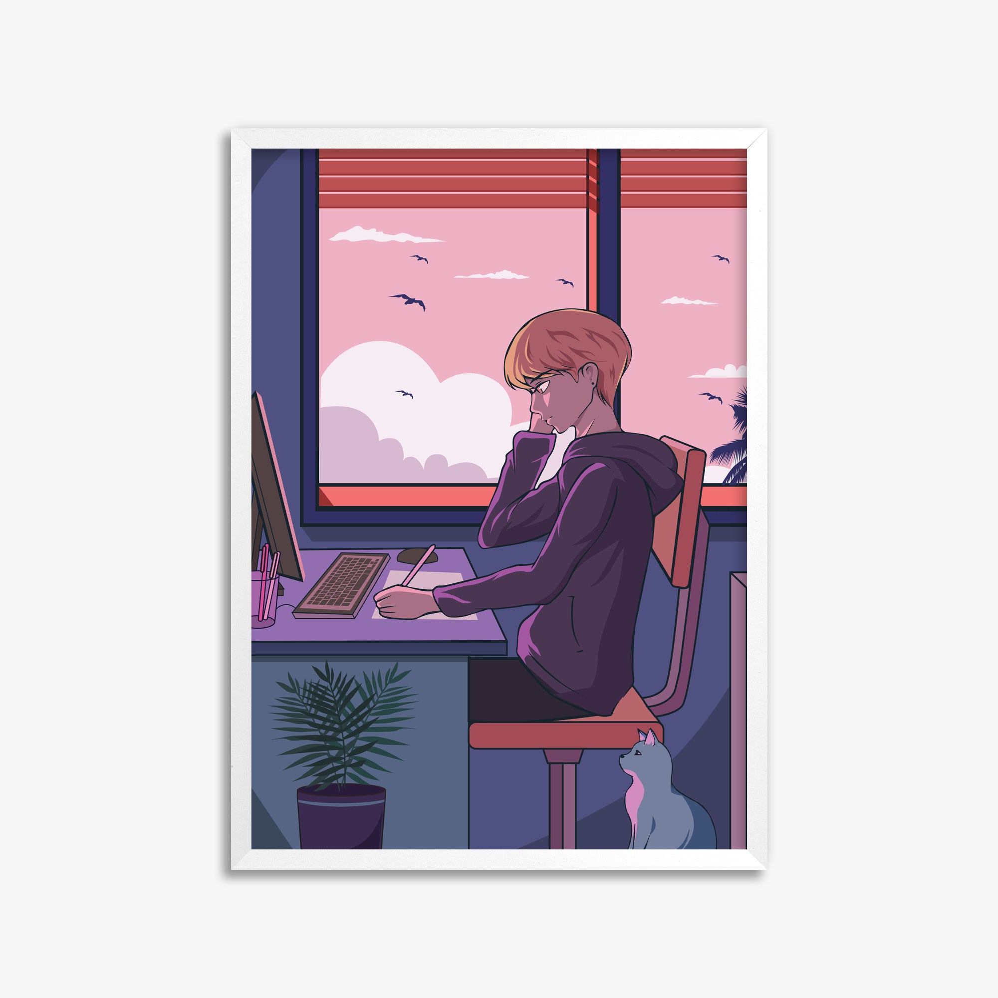 Sunset Study Session, 50x70cm Framed Poster With White Frame