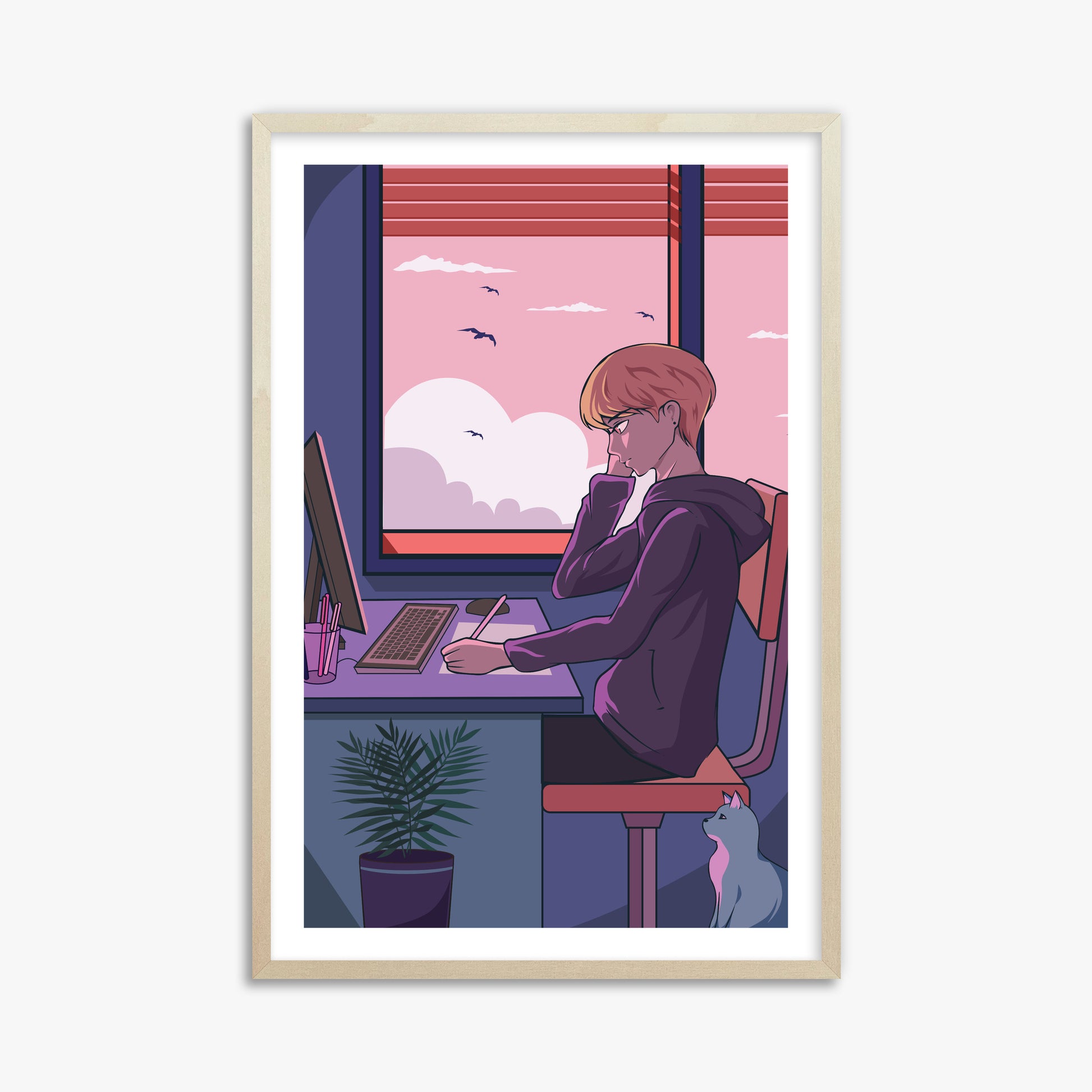 Sunset Study Session, 61x91cm Framed Art Reproduction With Lime Wood Frame