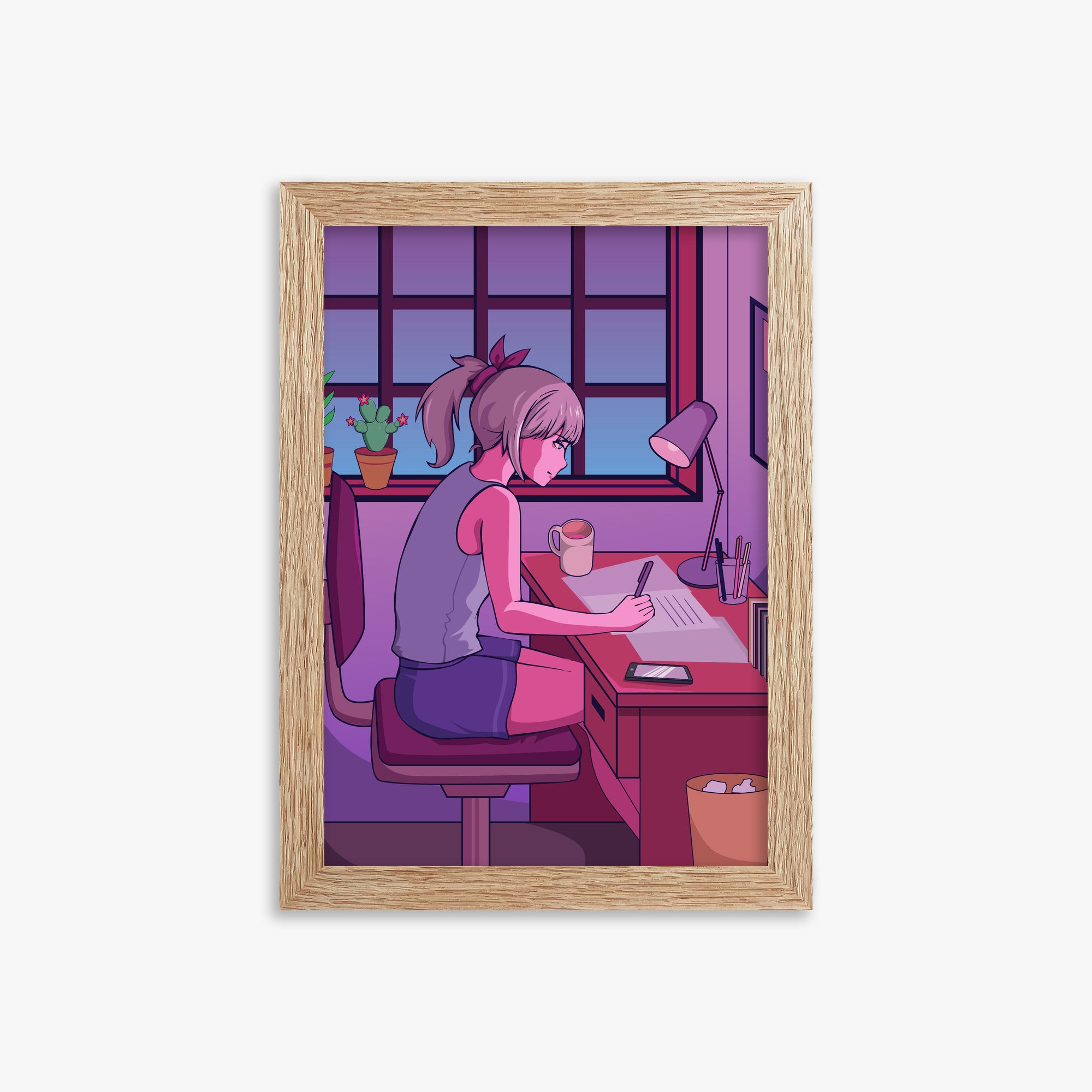 Midnight Study Session, 21x30cm Framed Poster With Raw Oak Frame
