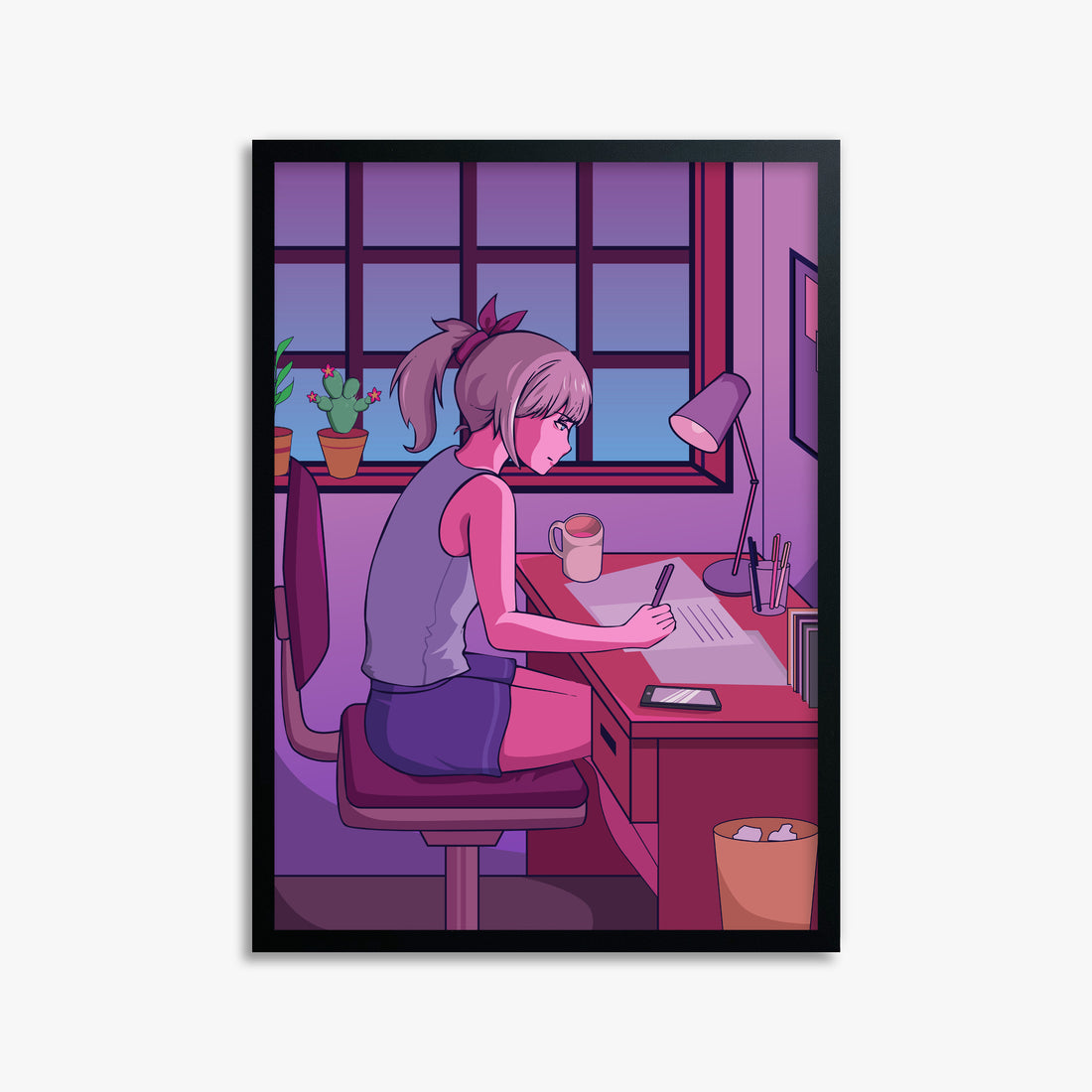 Midnight Study Session, 50x70cm Framed Poster With Black Frame