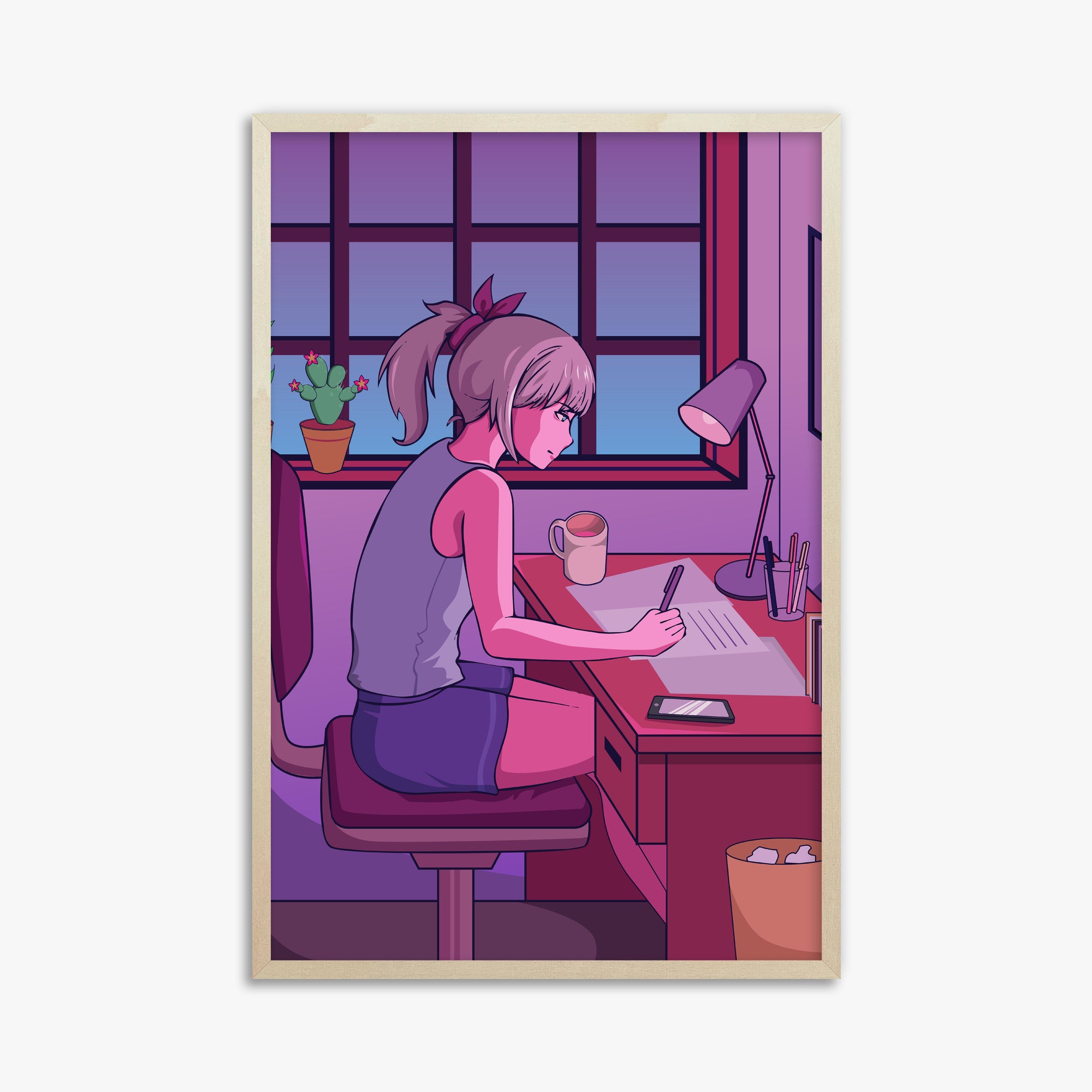 Midnight Study Session, 61x91cm Framed Poster With Lime Wood Frame