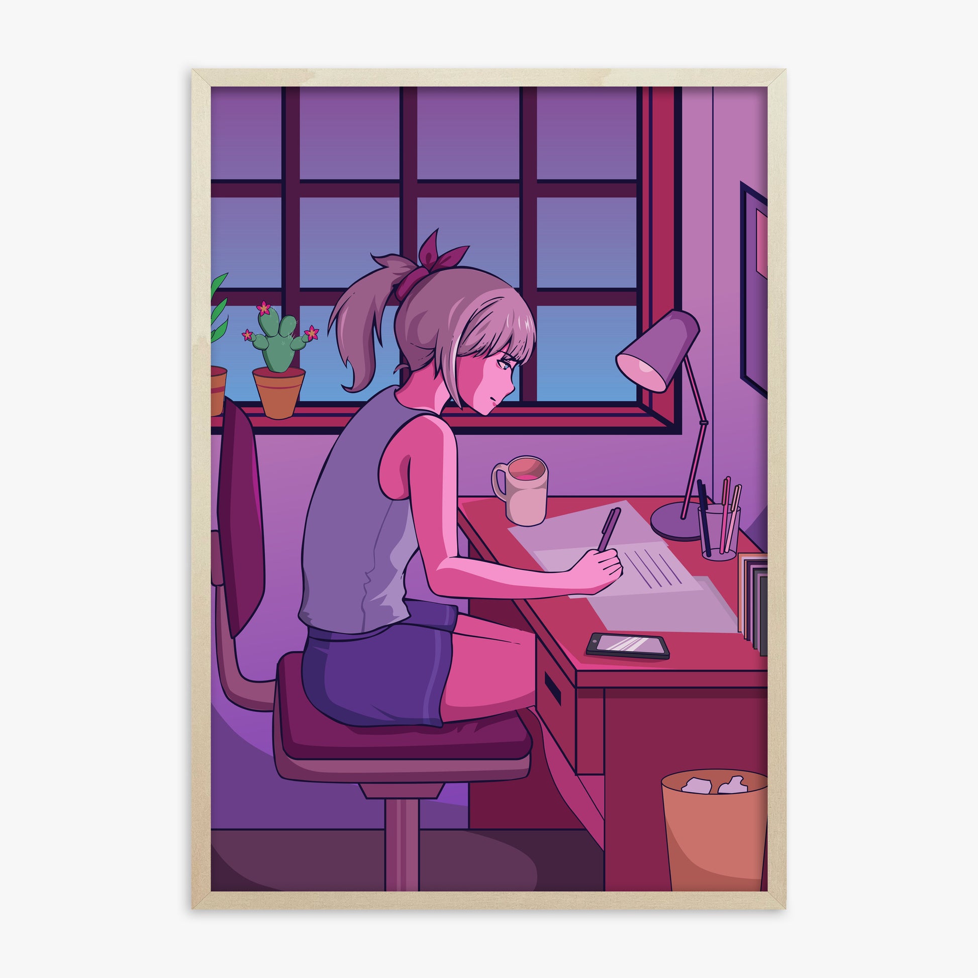 Midnight Study Session, 70x100cm Framed Poster With Lime Wood Frame