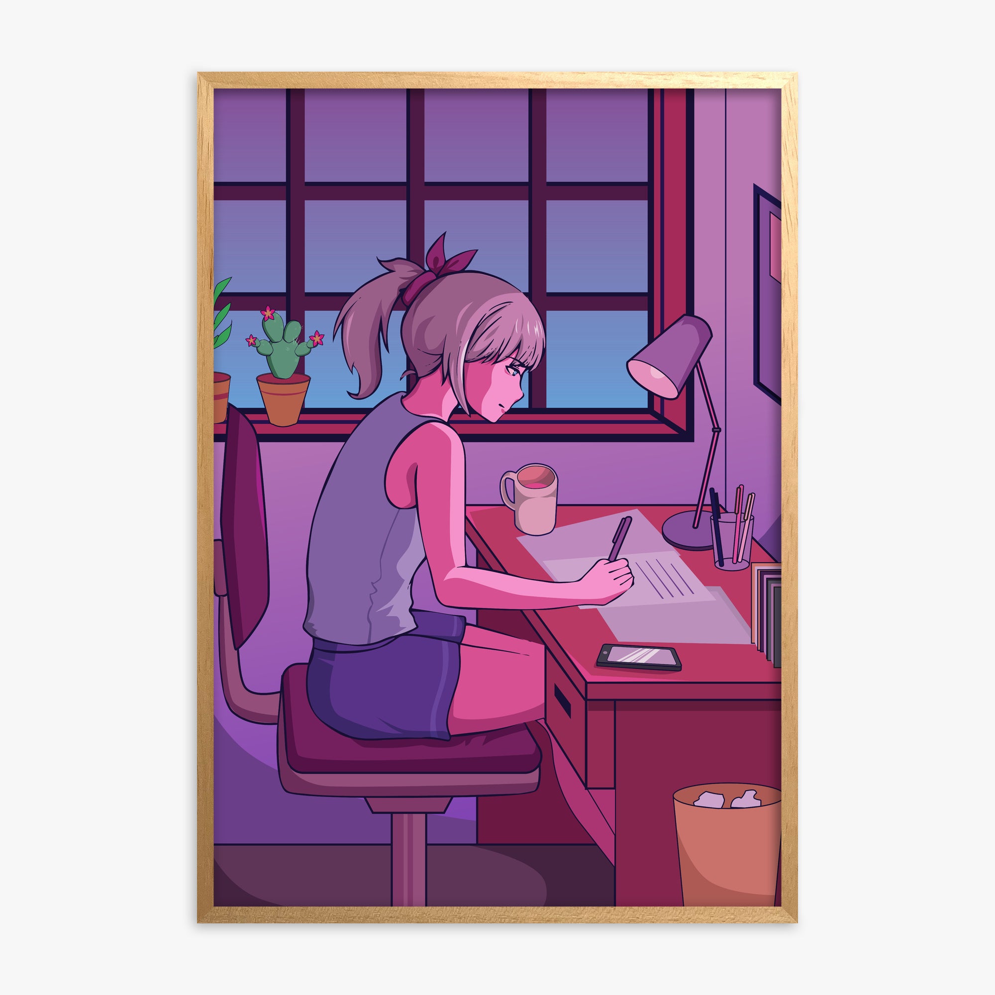Midnight Study Session, Oak Framed Poster With Oak Frame