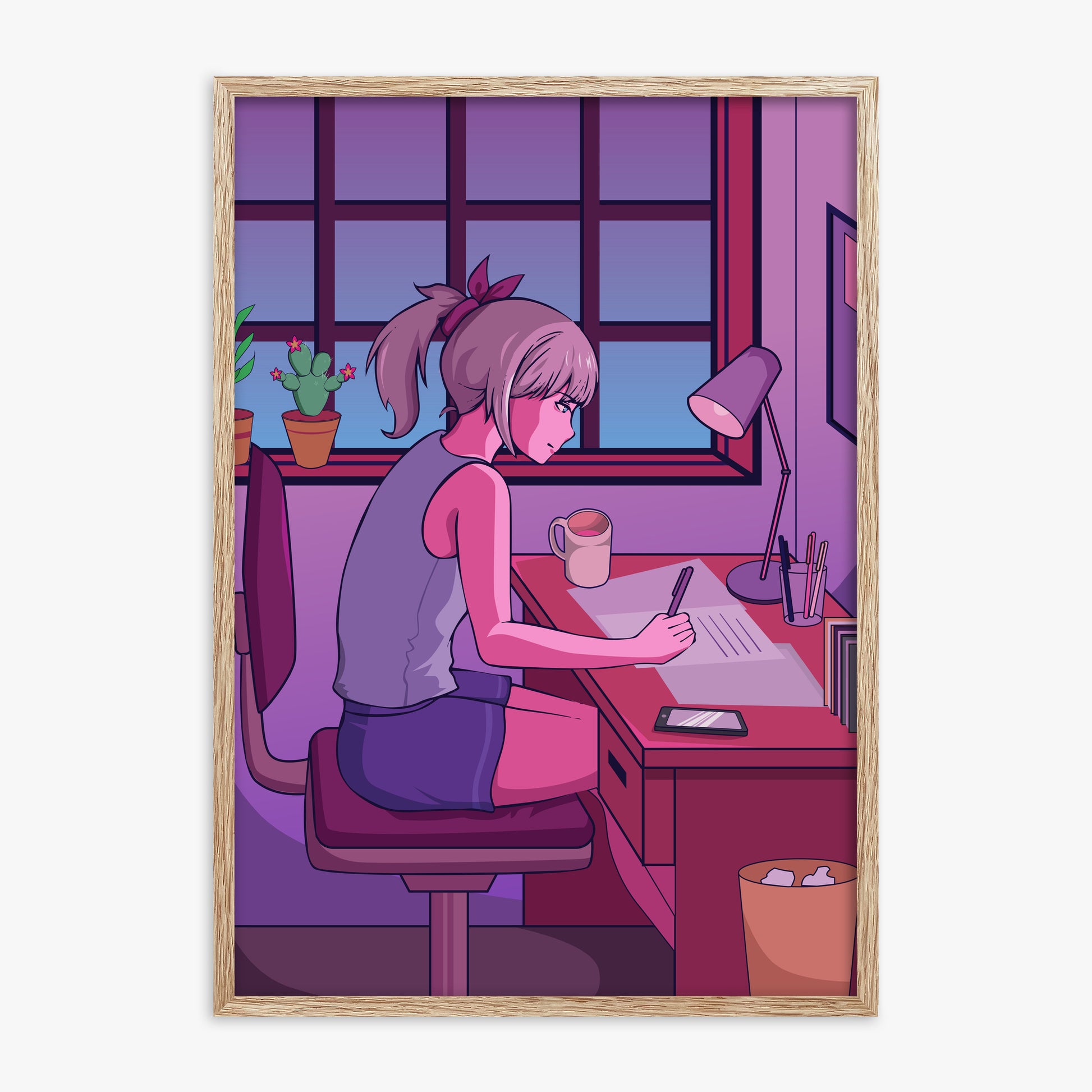 Midnight Study Session, 70x100cm Framed Poster With Raw Oak Frame
