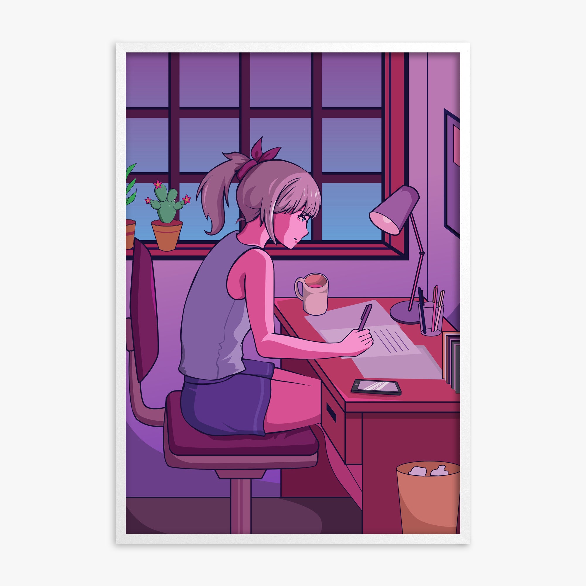 Midnight Study Session, White Framed Poster With White Frame