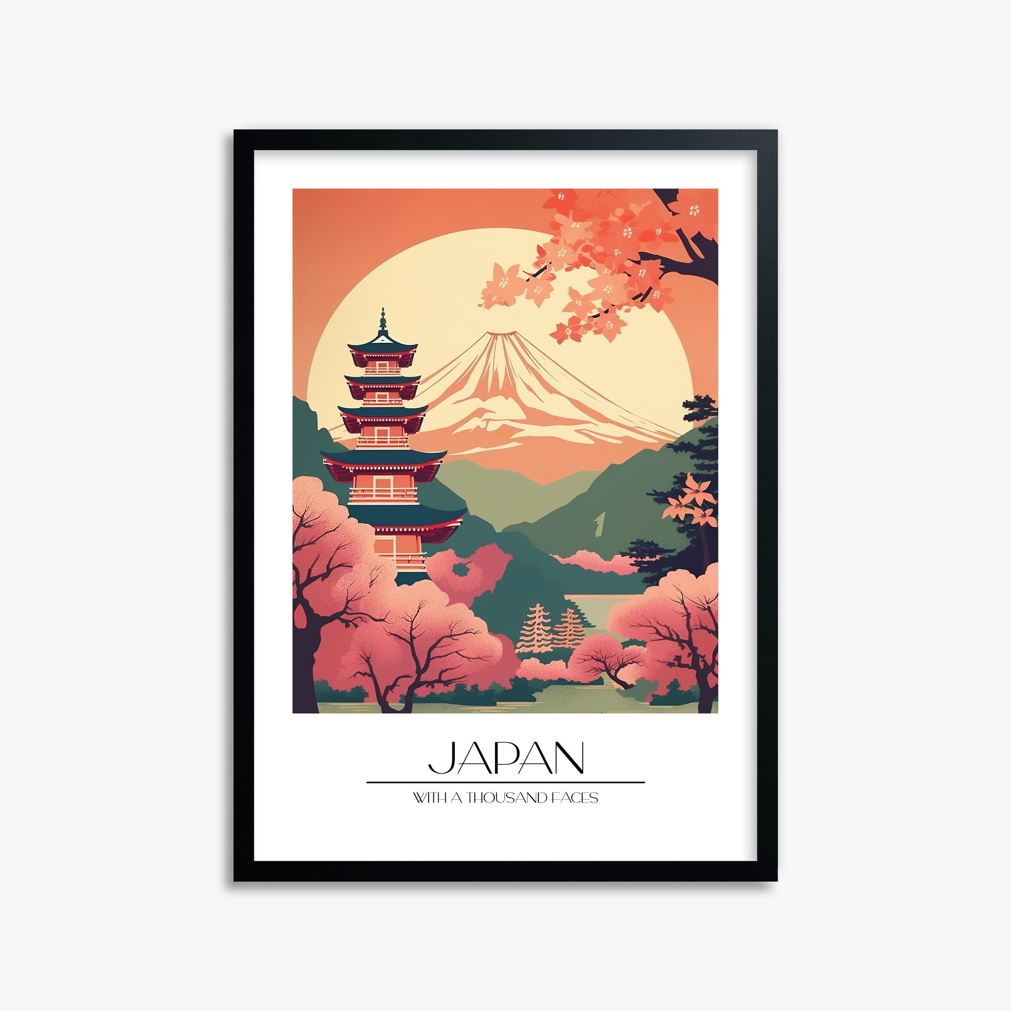 Cherry Blossom Fuji Vista, 50x70cm Framed Poster With Black Frame
