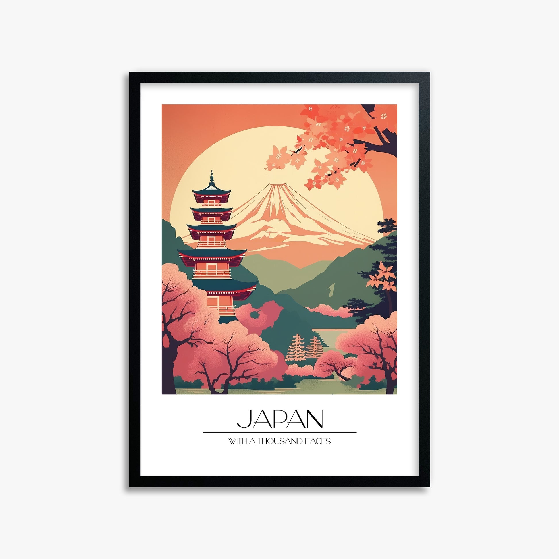 Cherry Blossom Fuji Vista, 50x70cm Framed Poster With Black Frame
