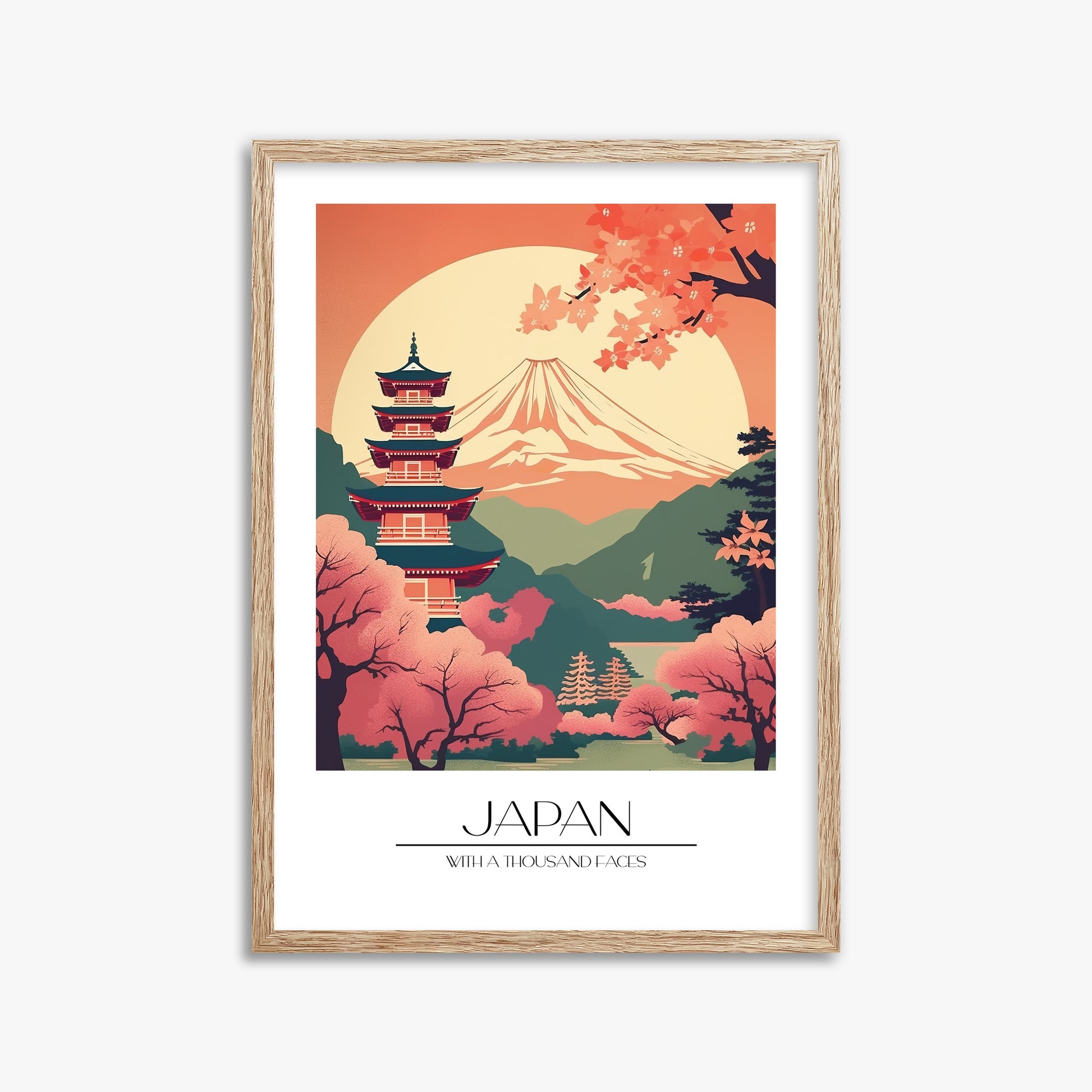 Cherry Blossom Fuji Vista, 50x70cm Framed Poster With Raw Oak Frame