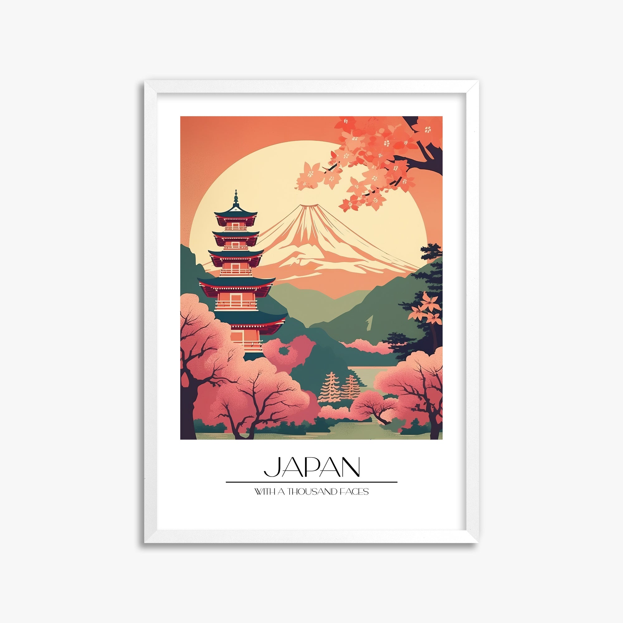 Cherry Blossom Fuji Vista, 50x70cm Framed Poster With White Frame