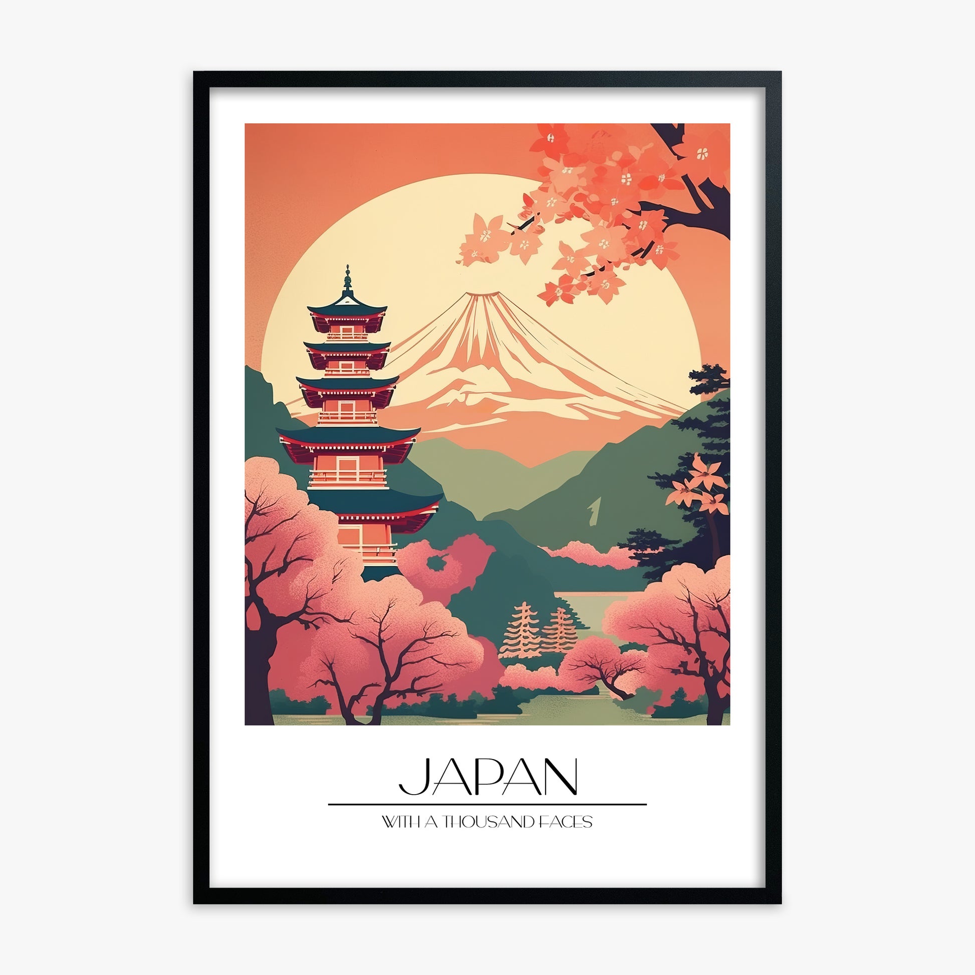 Cherry Blossom Fuji Vista, Black Framed Poster With Black Frame